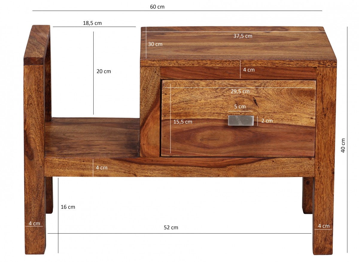 Mesita de noche mumbai madera maciza sheesham mesita de noche cajonera de 40 cm de altura con estante para periódicos mesita de noche de madera real