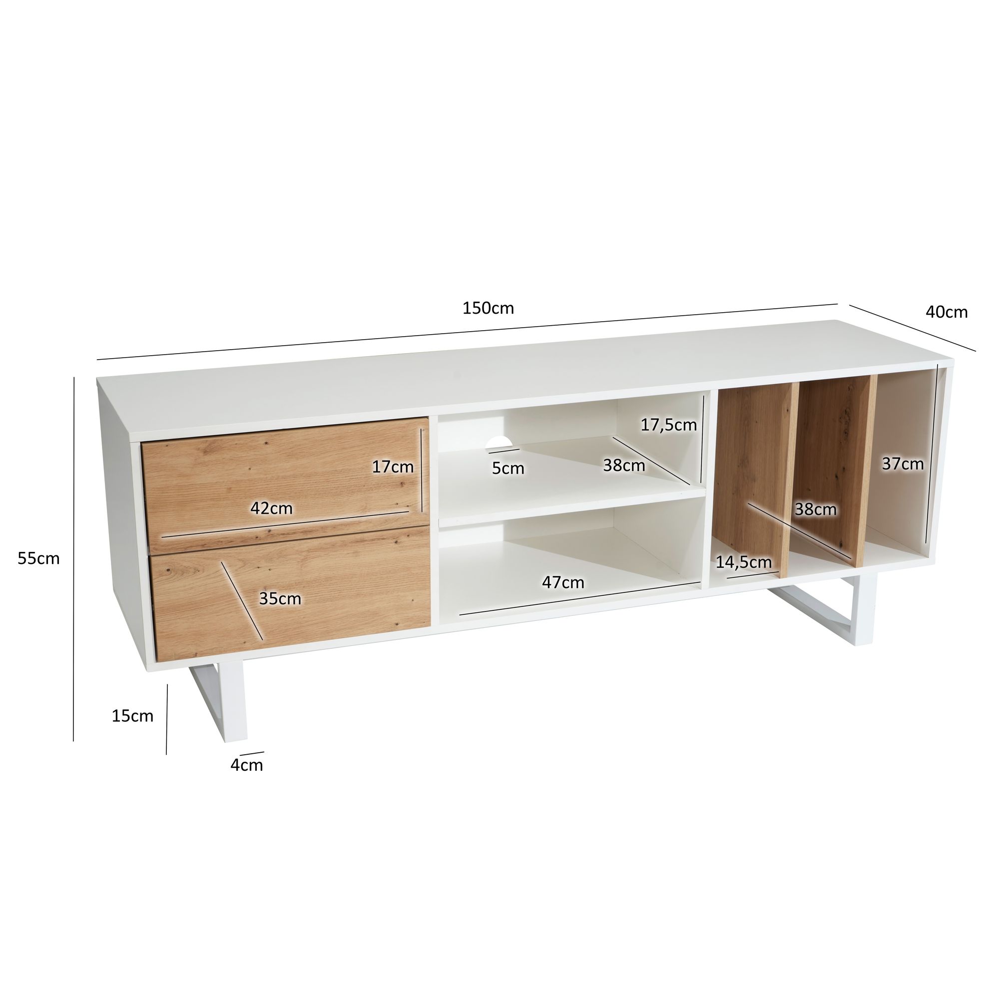 Mueble para tv blanco con decoración de roble 150x55x40 cm mueble para tv moderno, mueble para tv de diseño alto, mesa para tv mueble para tv con cajones y estante, mueble para tv para sala de estar