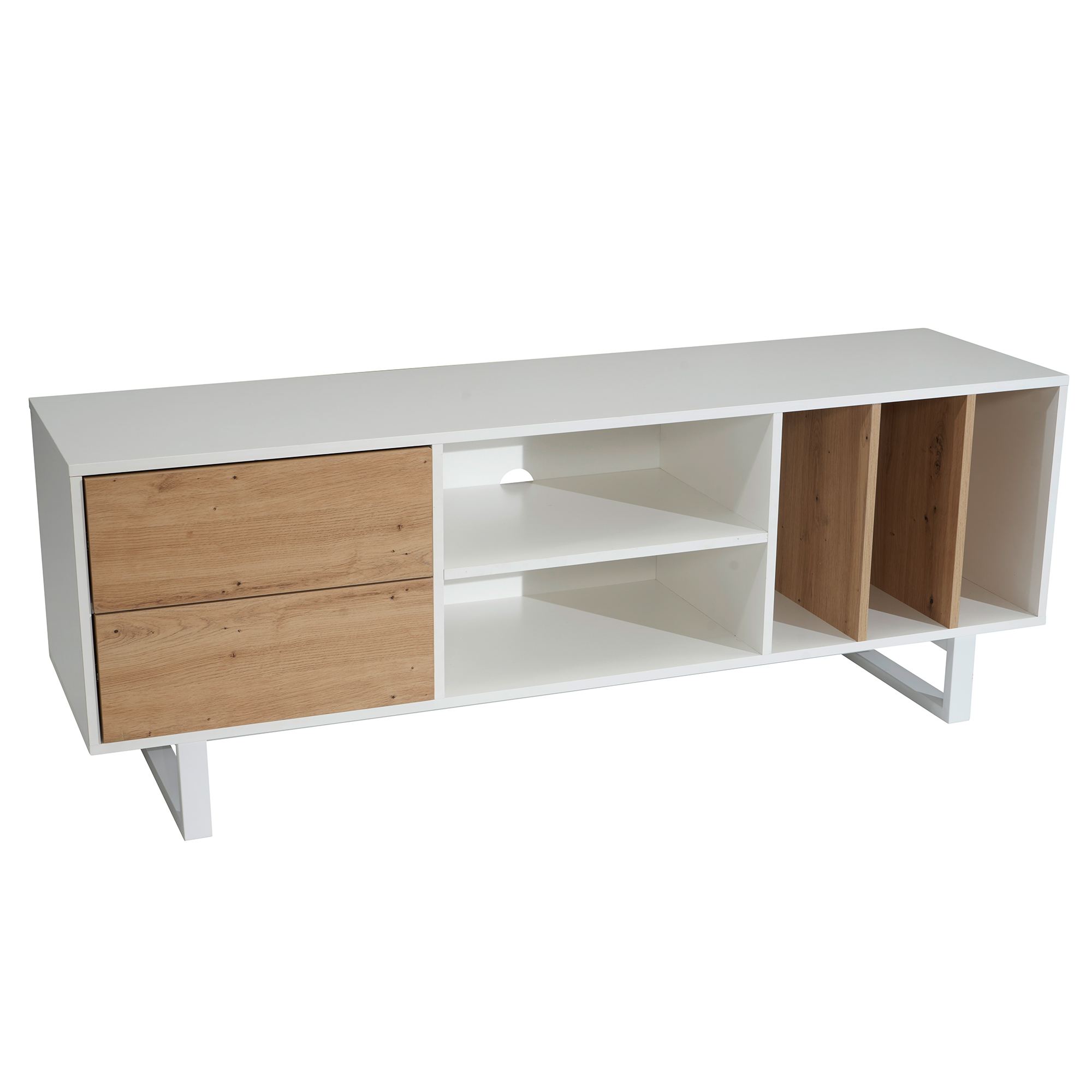 Mueble para tv blanco con decoración de roble 150x55x40 cm mueble para tv moderno, mueble para tv de diseño alto, mesa para tv mueble para tv con cajones y estante, mueble para tv para sala de estar