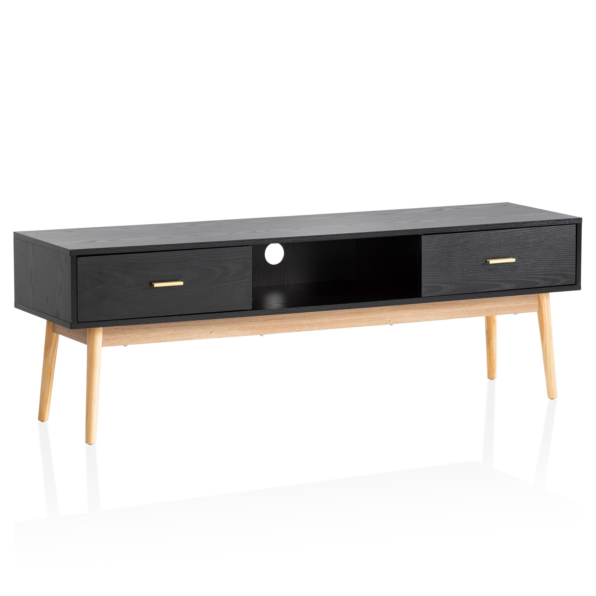 Mueble para tv negro con decoración de roble 150x50x40 cm mueble para tv moderno, mueble para tv alto de diseño, mesa para tv mueble para tv con cajones y compartimento de almacenamiento, mueble para tv para sala de estar