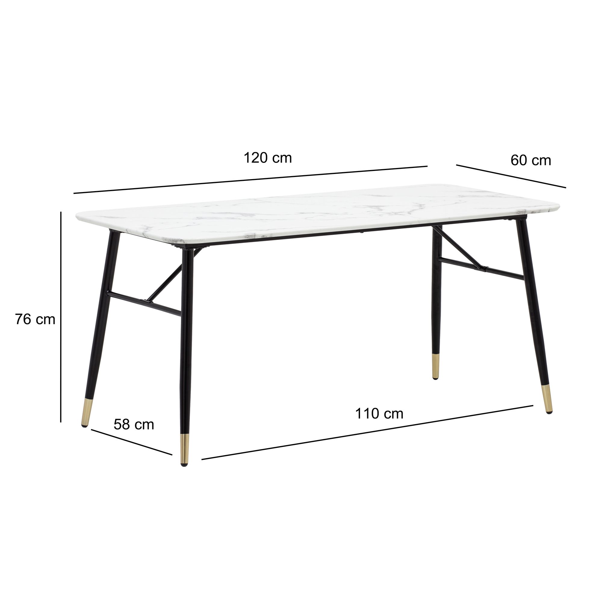 Mesa de comedor 120x60x76 cm mesa de comedor blanca con aspecto de mármol moderna, mesa de cocina pequeña, mesa de comedor rectangular, mesa de comedor con patas de metal