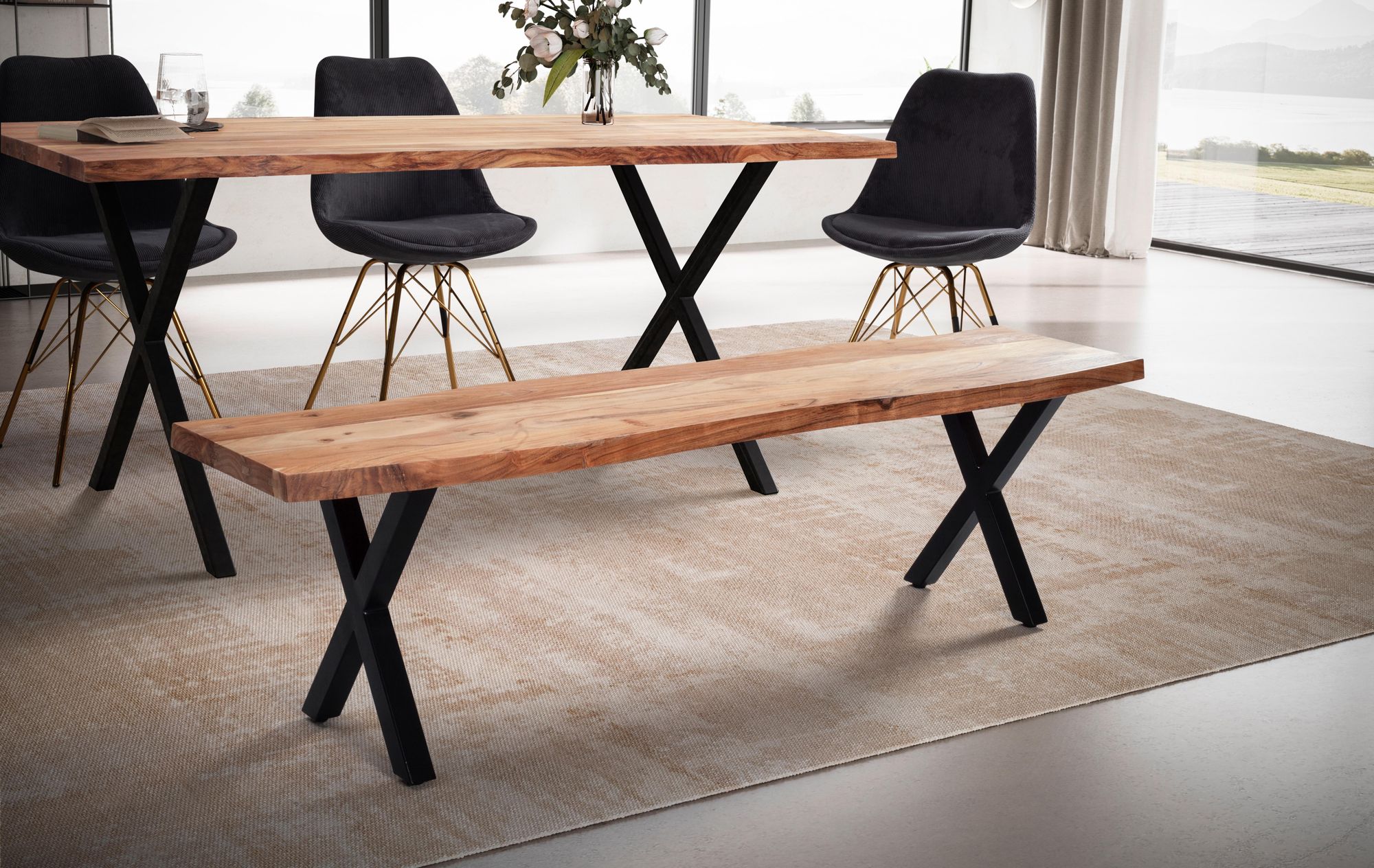 Banco de comedor 160x40x45,5 cm madera maciza de acacia / metal con borde de árbol, banco de mesa de comedor moderno, banco de madera maciza sin respaldo, banco de cocina, banco de comedor con patas en x, banco de comedor grande