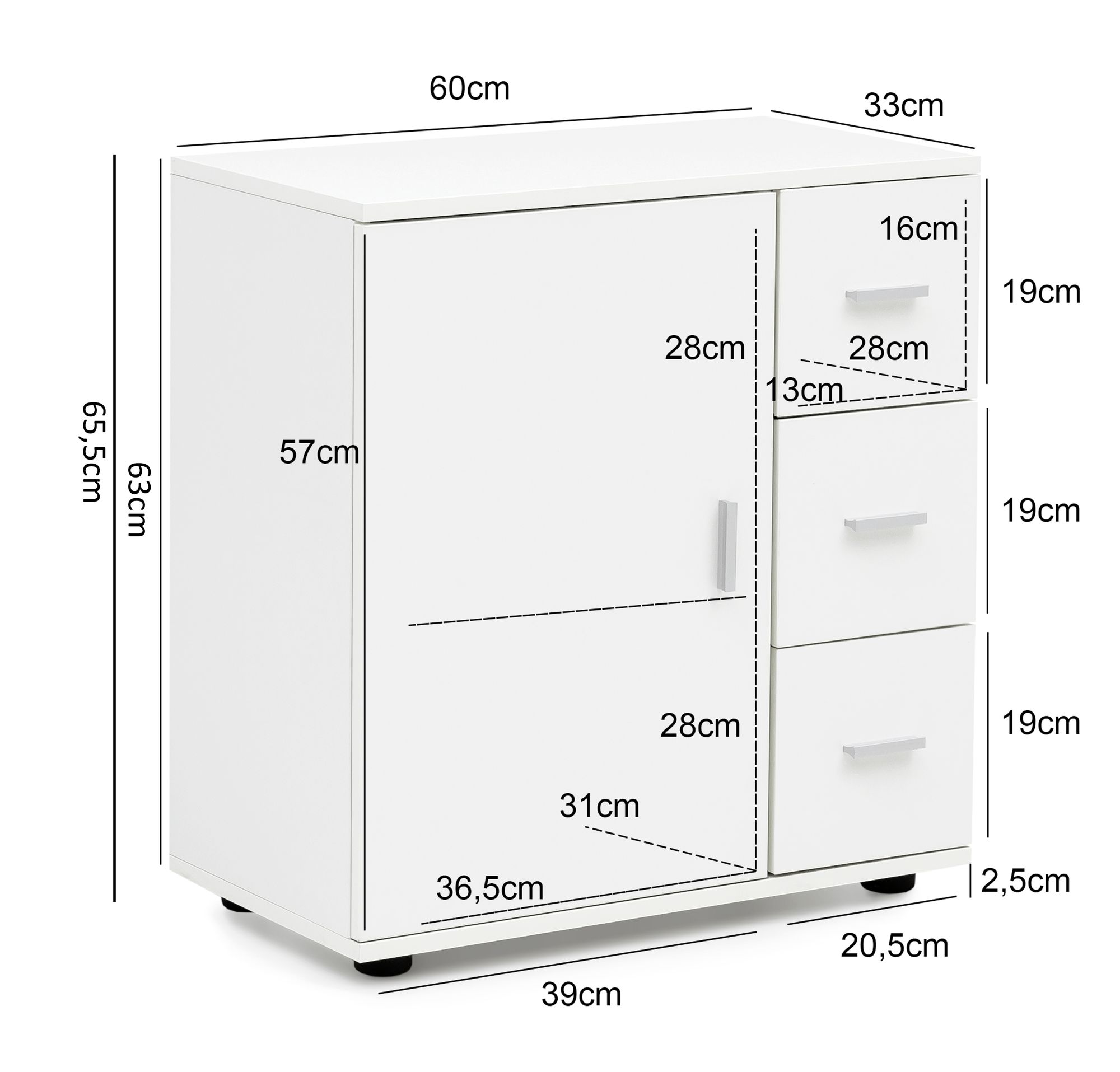 Mueble de  wl5.877 white 60x65,5x33 cm mueble midi con puerta y cajones