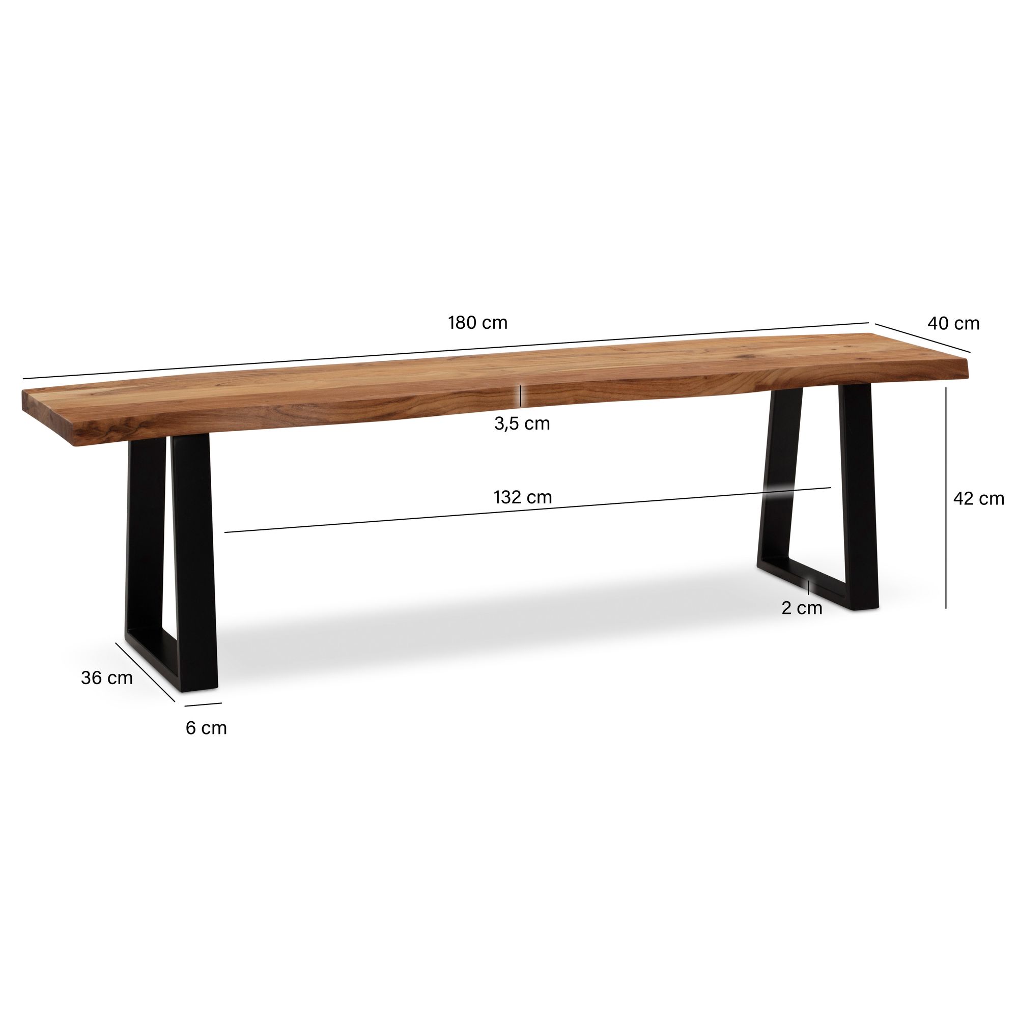 Banco de comedor 180x40x45,5 cm madera maciza de acacia / metal con borde de árbol, banco de mesa de comedor banco de madera maciza sin respaldo, banco de cocina banco de comedor moderno, banco de comedor grande