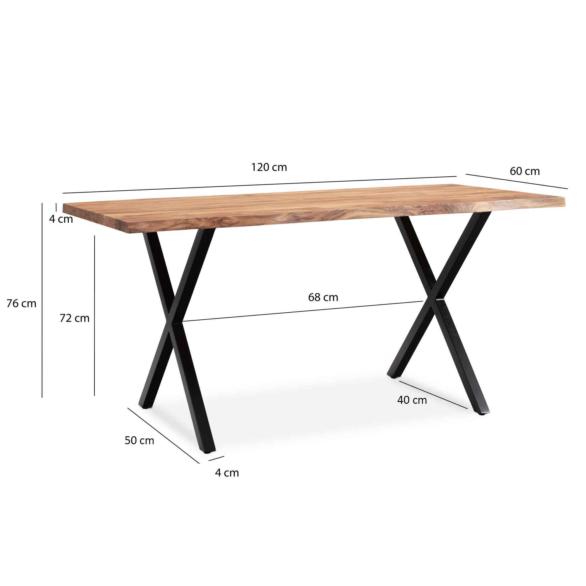 Escritorio 120x60x76 cm mesa de computadora de madera maciza de acacia / metal con borde de árbol, mesa de oficina para el hogar, mesa de oficina sólida con patas en x en negro, mesa de madera, mesa para computadora portátil, estud