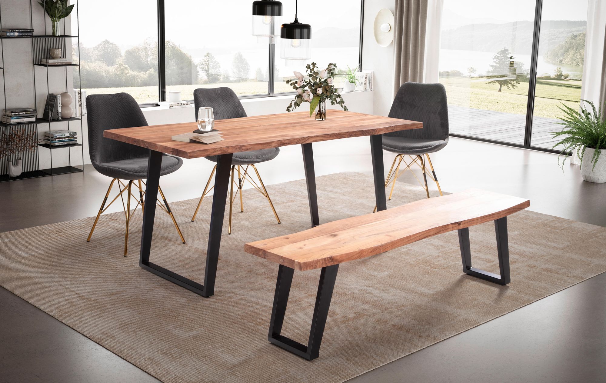 Mesa de comedor 120x60x76 cm mesa de comedor de madera maciza de acacia/metal borde de árbol, mesa de cocina maciza con patas en u en negro, mesa de madera mesa de comedor rectangular