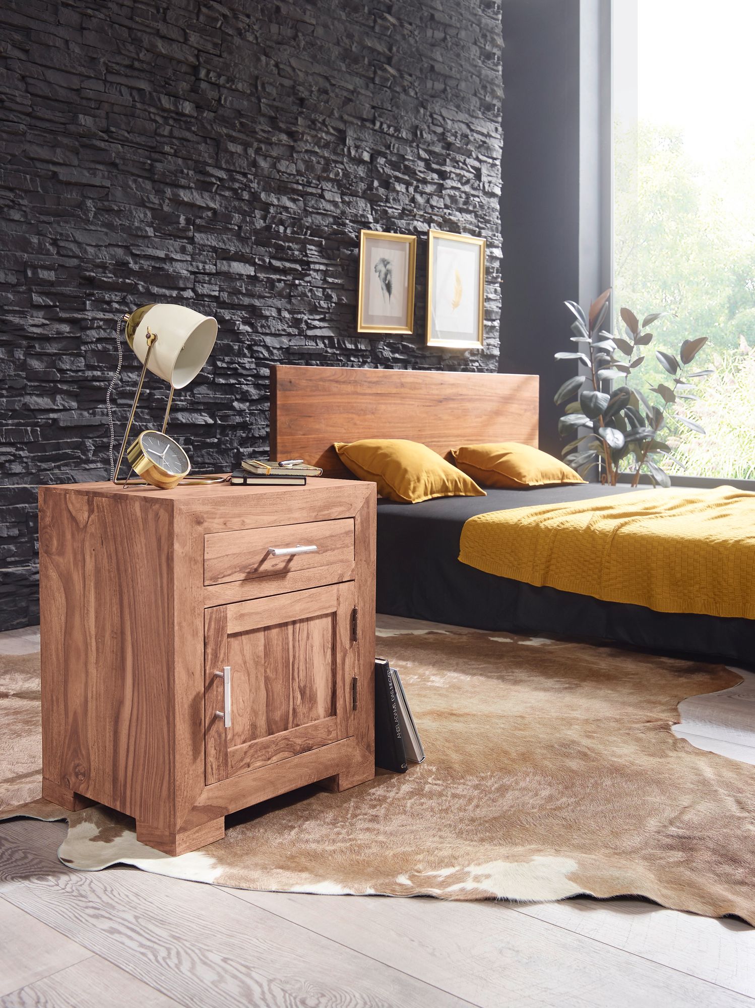 Mesita de noche mumbai madera maciza acacia diseño mesita de noche 60 cm con cajón y puerta mesita de noche para cama con somier