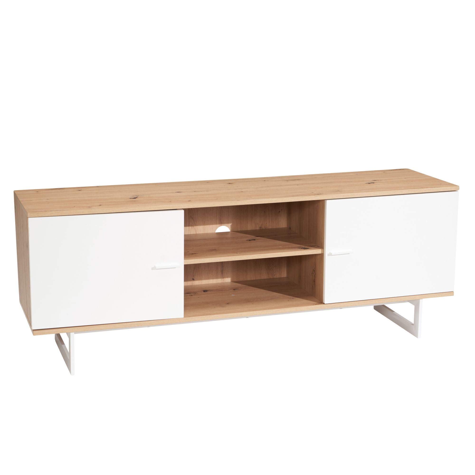 Mueble bajo de roble decorativo blanco 150x55x40 cm mueble para tv moderno, mueble para tv de diseño alto, mesa para tv mueble para tv con dos puertas, mueble para tv para salón