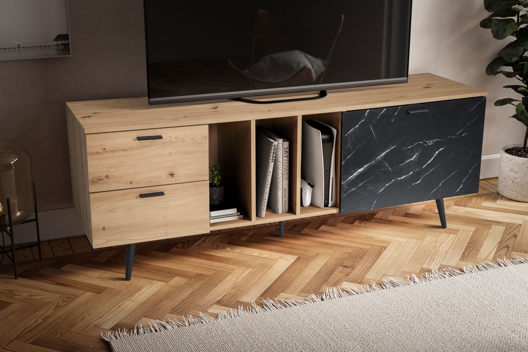 Mueble bajo de roble decorativo con aspecto de mármol en negro 150x55x40 cm mueble para tv, mueble para tv de diseño moderno, mesa para tv mueble para tv con puerta y cajón, mueble para tv para salón moderno