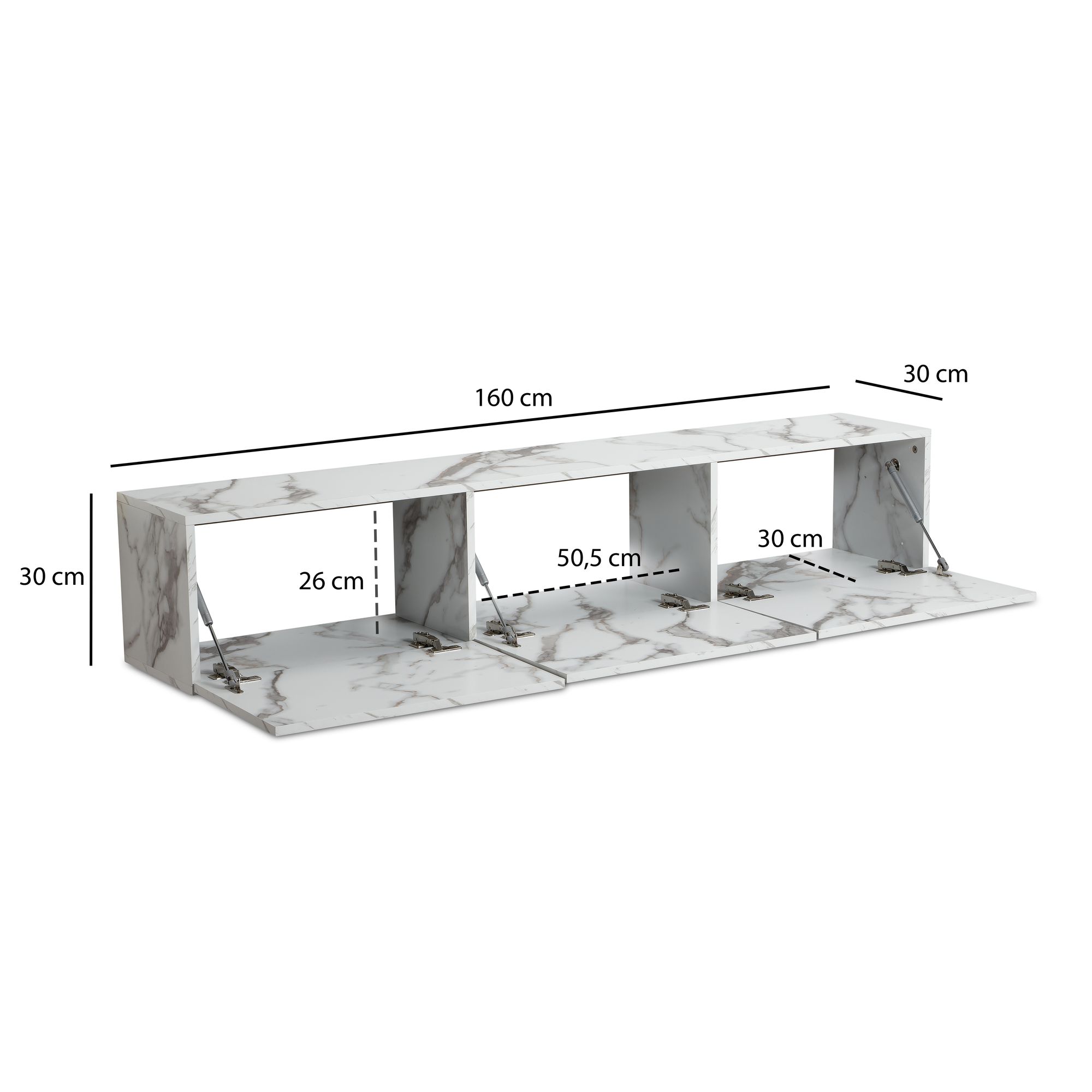 Mueble para tv colgante aspecto de mármol blanco 160x30x30 cm, mesa para tv de diseño con puertas abatibles moderna, mueble para tv de pared, cómoda para tv, cómoda para tv para colgar