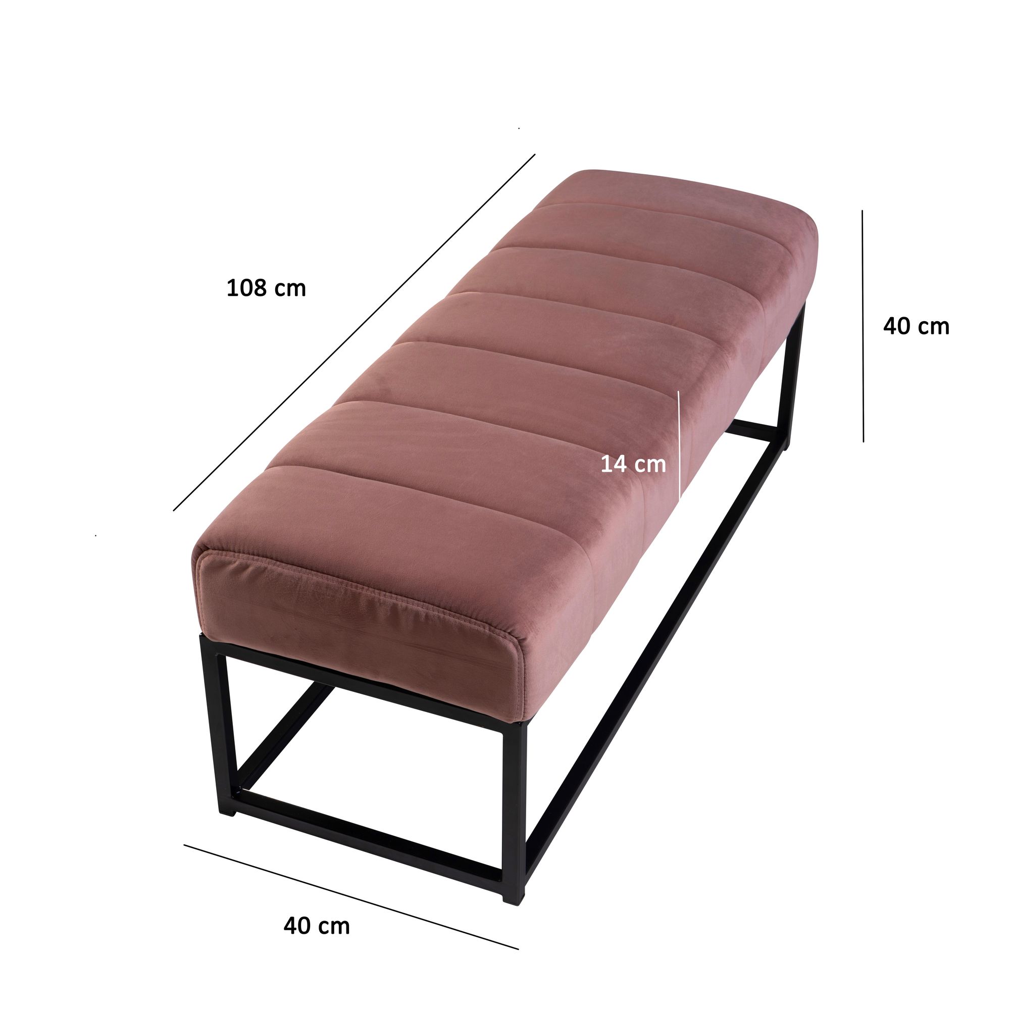 Banco de terciopelo de pasillo rosa tapizado con estructura de metal 108x40x40 cm, banco para dormitorio acolchado de armario moderno