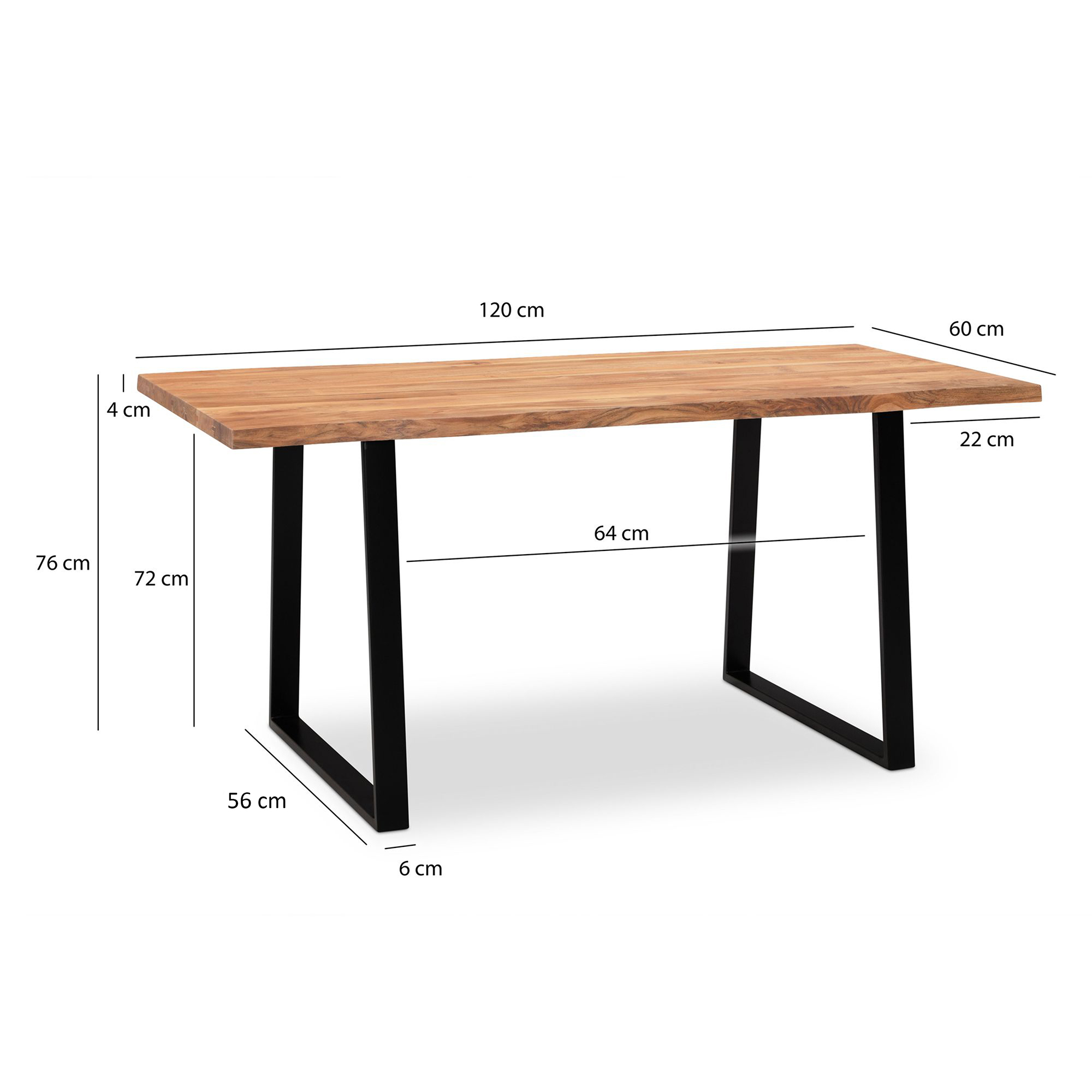 Escritorio 120x60x76 cm mesa de ordenador de madera maciza de acacia/metal con borde de árbol, mesa de oficina para casa, oficina, maciza con patas trapezoidales en negro, mesa de madera, mesa para ordenador portátil, estudio