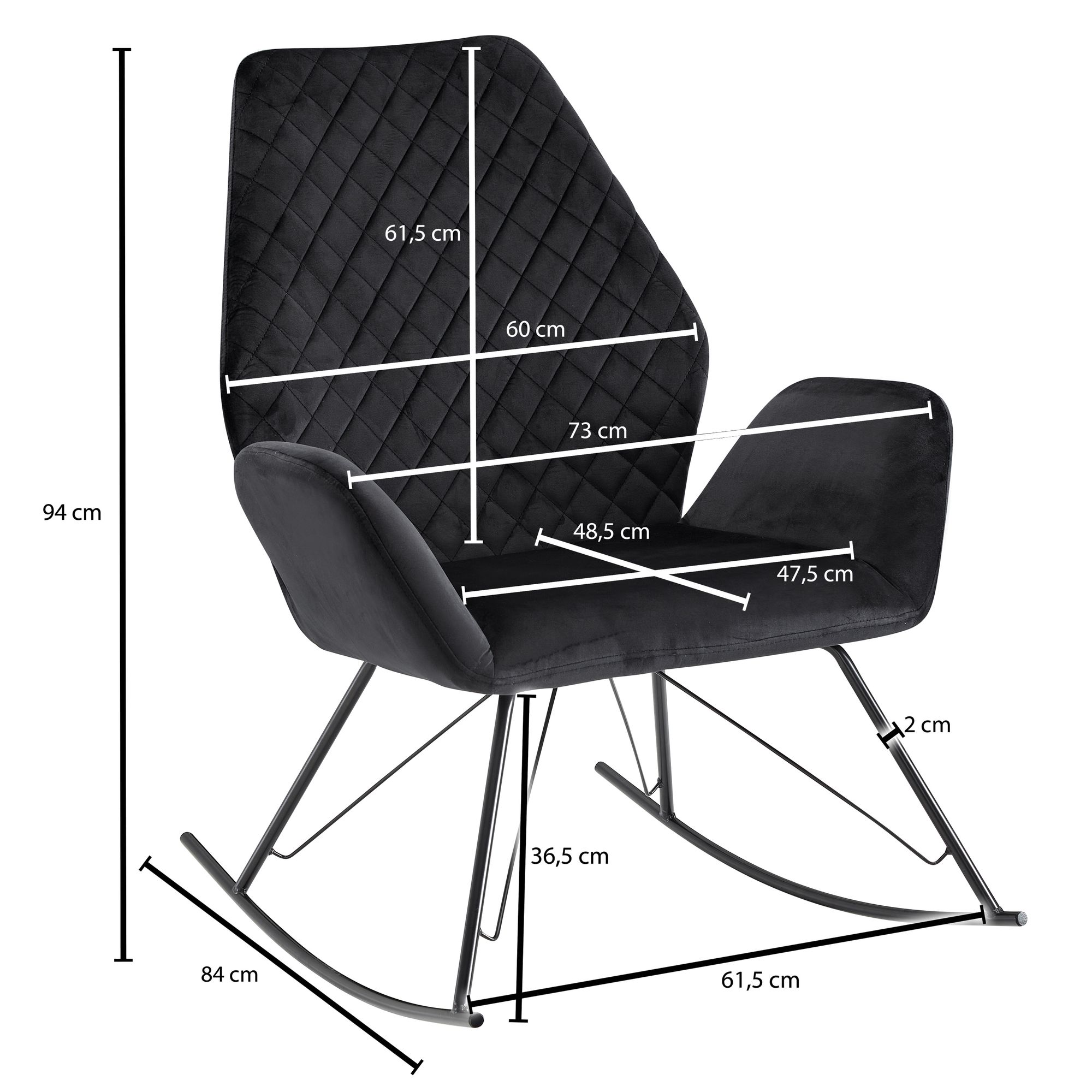 Mecedora negra 73x94x84 cm silla de relajación terciopelo / metal