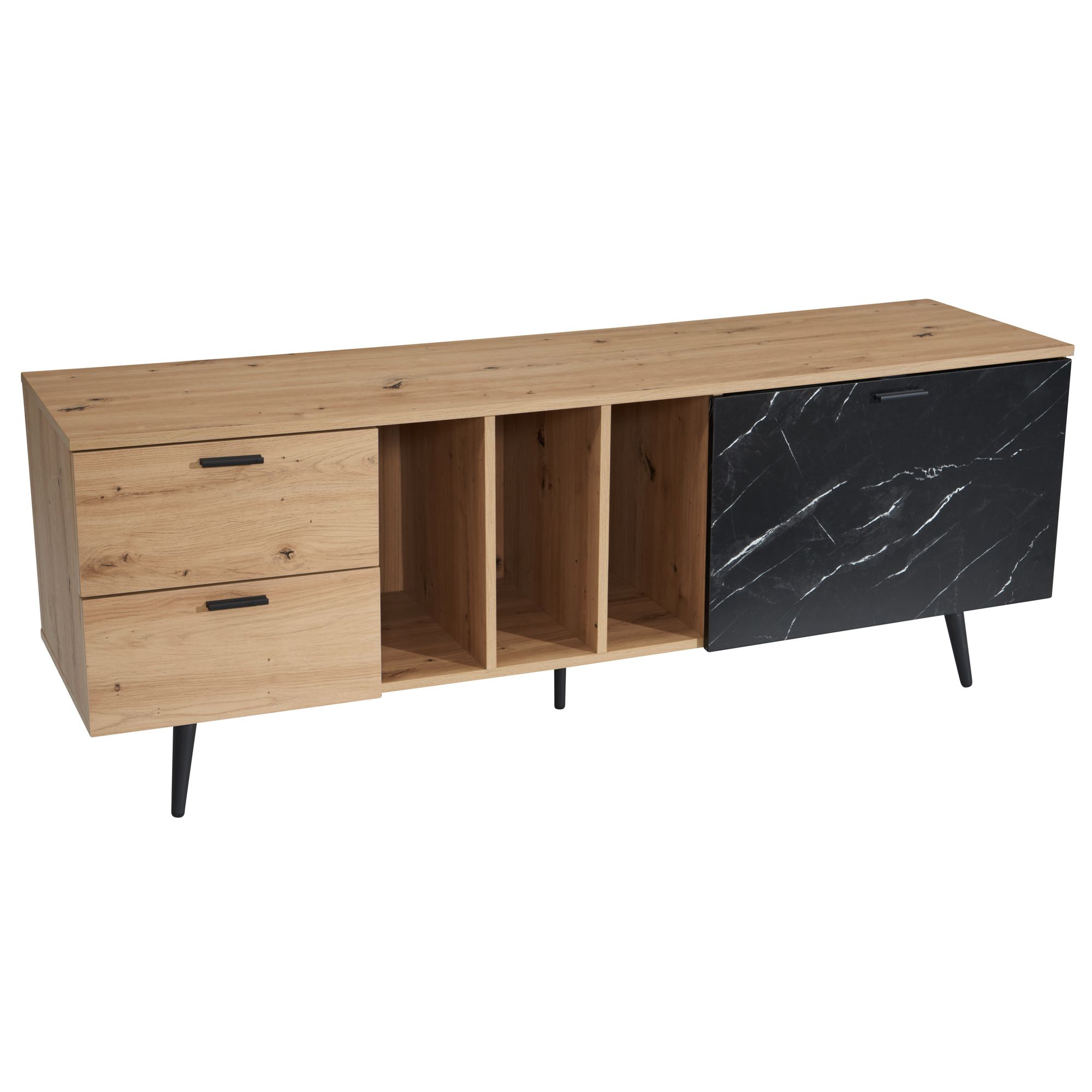 Mueble bajo de roble decorativo con aspecto de mármol en negro 150x55x40 cm mueble para tv, mueble para tv de diseño moderno, mesa para tv mueble para tv con puerta y cajón, mueble para tv para salón moderno