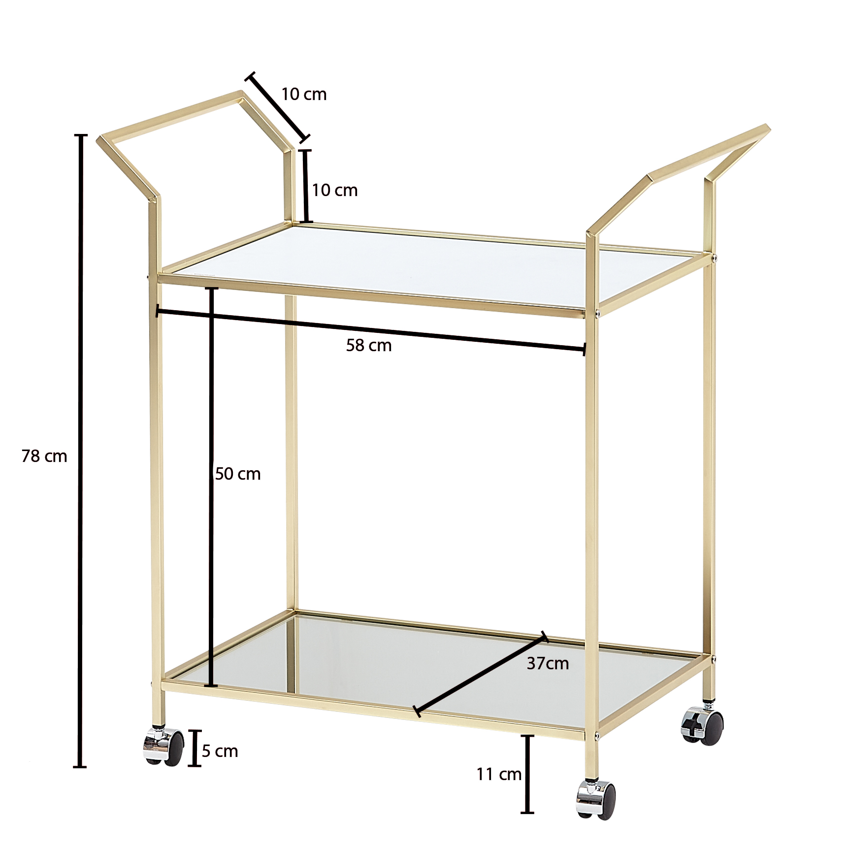 Carrito de servicio de diseño dorado 73x78x37 cm carrito de cocina vidrio / metal