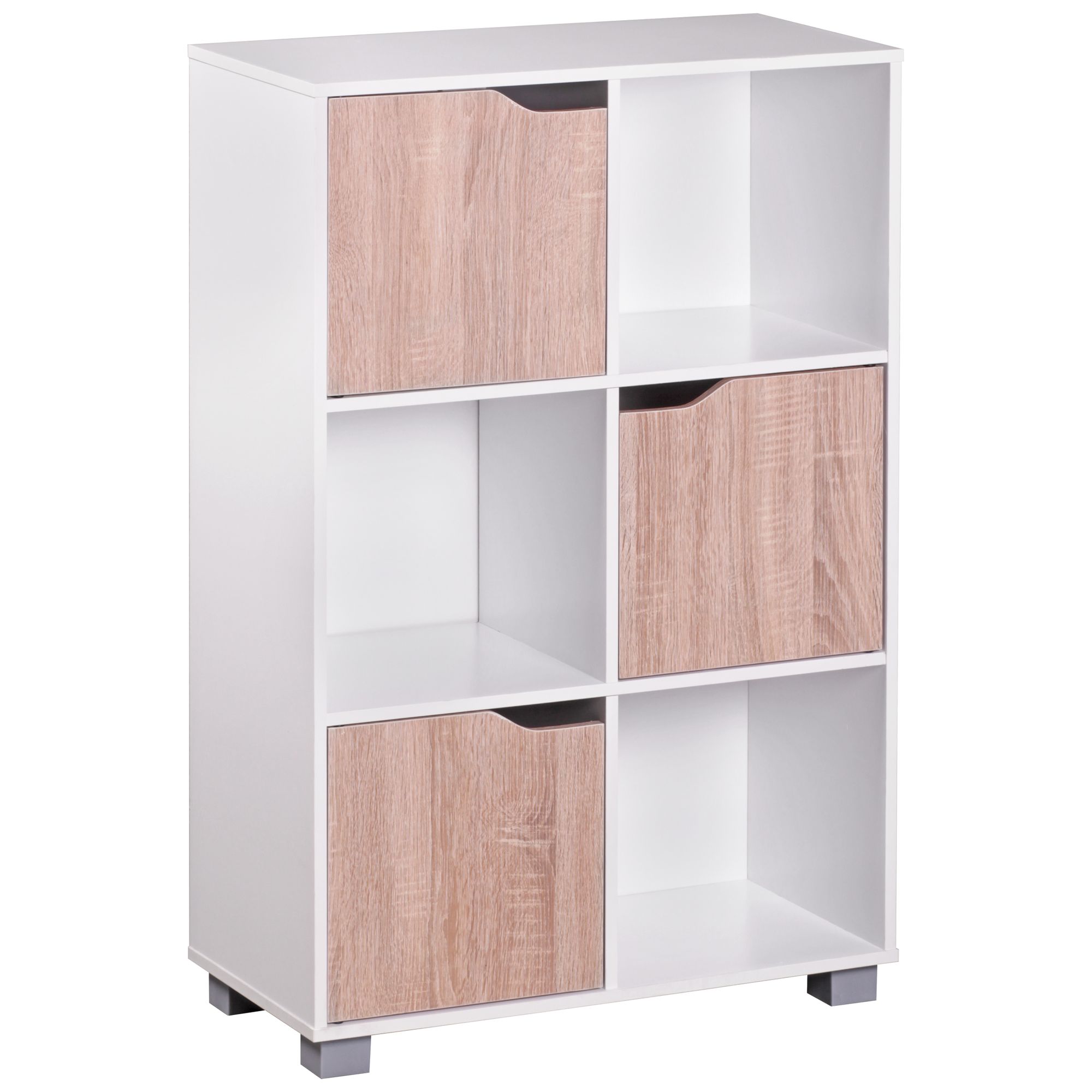 Biblioteca de diseño de madera moderna blanco con puertas de roble de pie sonoma estantería separada 6 compartimentos 60 x 90 x 30 cm