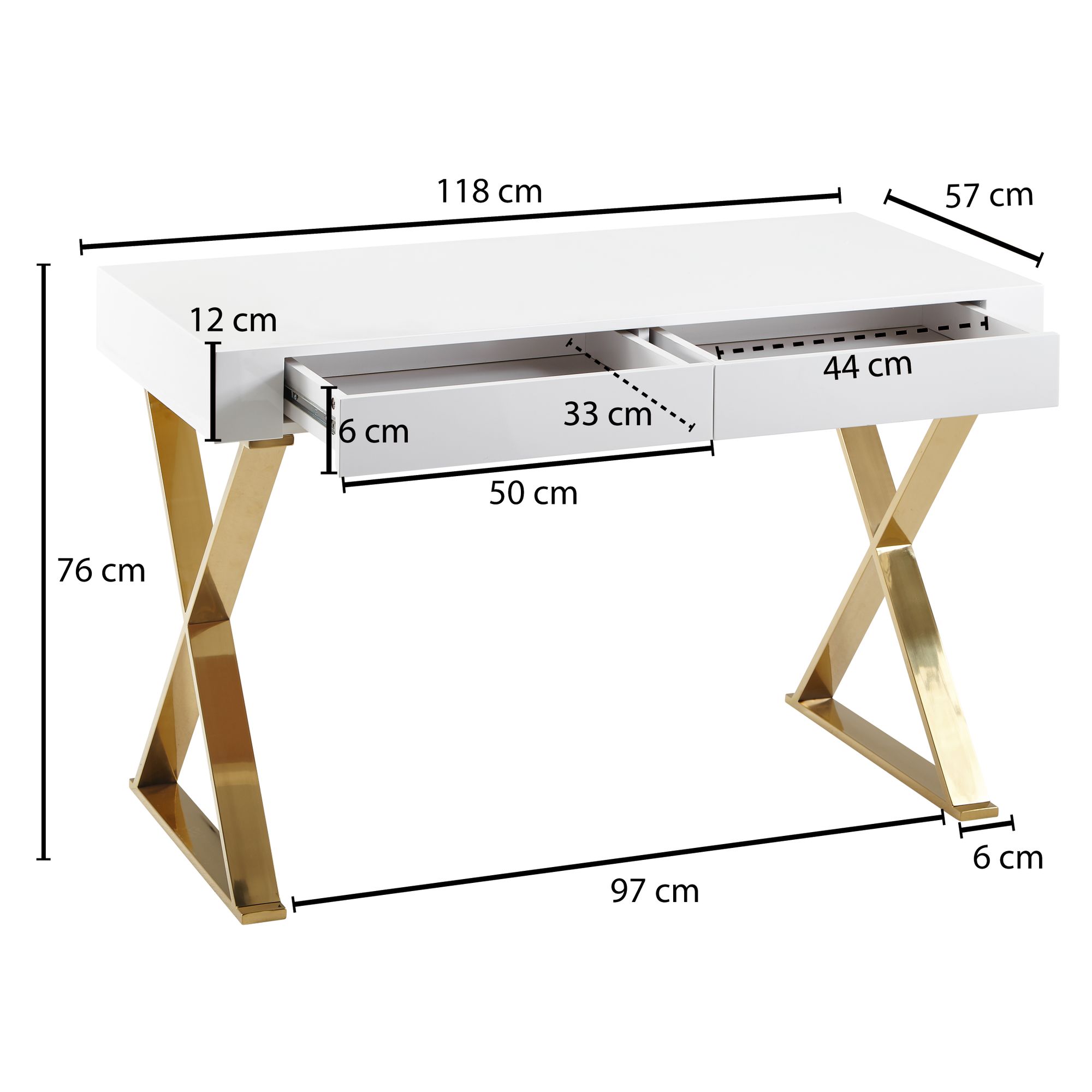 Escritorio 118x76x57 cm madera alto brillo patas de metal blanco dorado