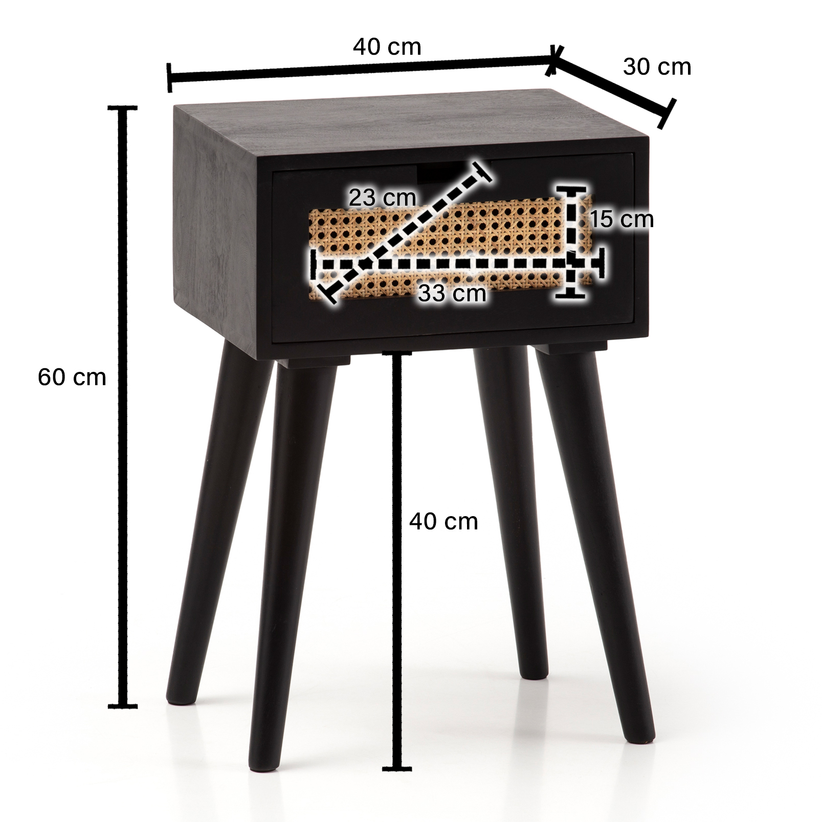 Mesita de noche 40x60x30 cm negra madera maciza de mango y ratán