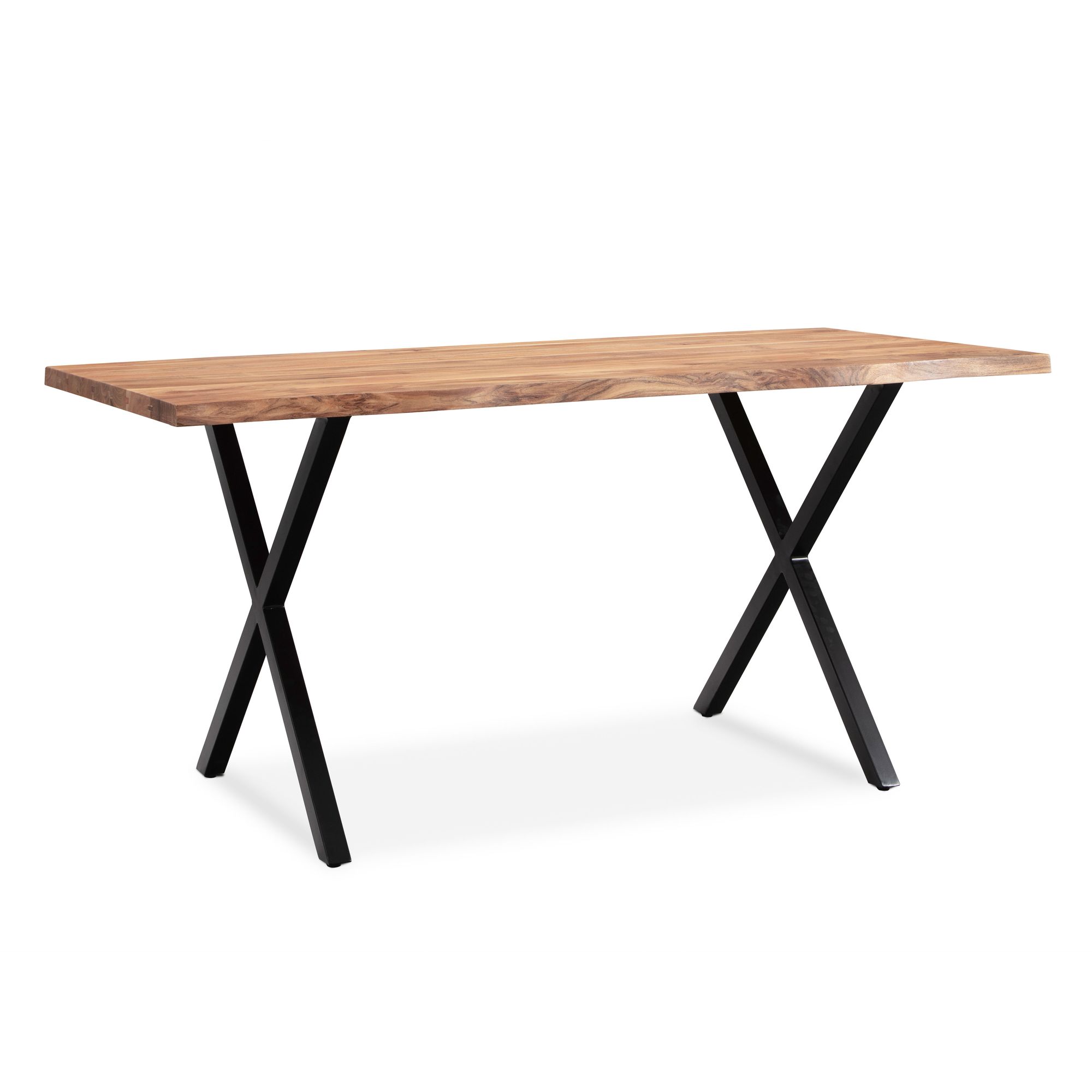 Escritorio 120x60x76 cm mesa de computadora de madera maciza de acacia / metal con borde de árbol, mesa de oficina para el hogar, mesa de oficina sólida con patas en x en negro, mesa de madera, mesa para computadora portátil, estud