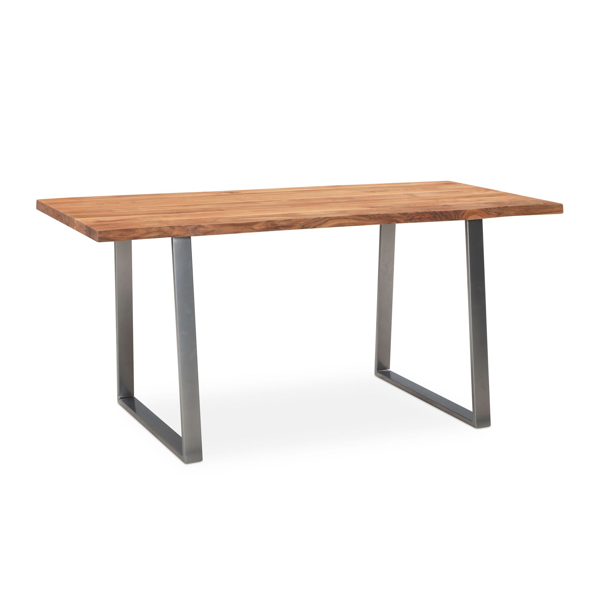 Escritorio 120x60x76 cm mesa de ordenador de madera maciza de acacia/metal con borde de árbol, mesa de oficina para casa, oficina, maciza con patas trapezoidales cromadas, mesa de madera, mesa para ordenador portátil, estudio