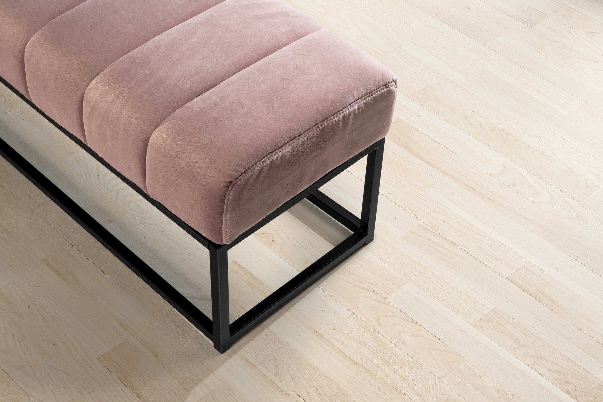 Banco de terciopelo de pasillo rosa tapizado con estructura de metal 108x40x40 cm, banco para dormitorio acolchado de armario moderno