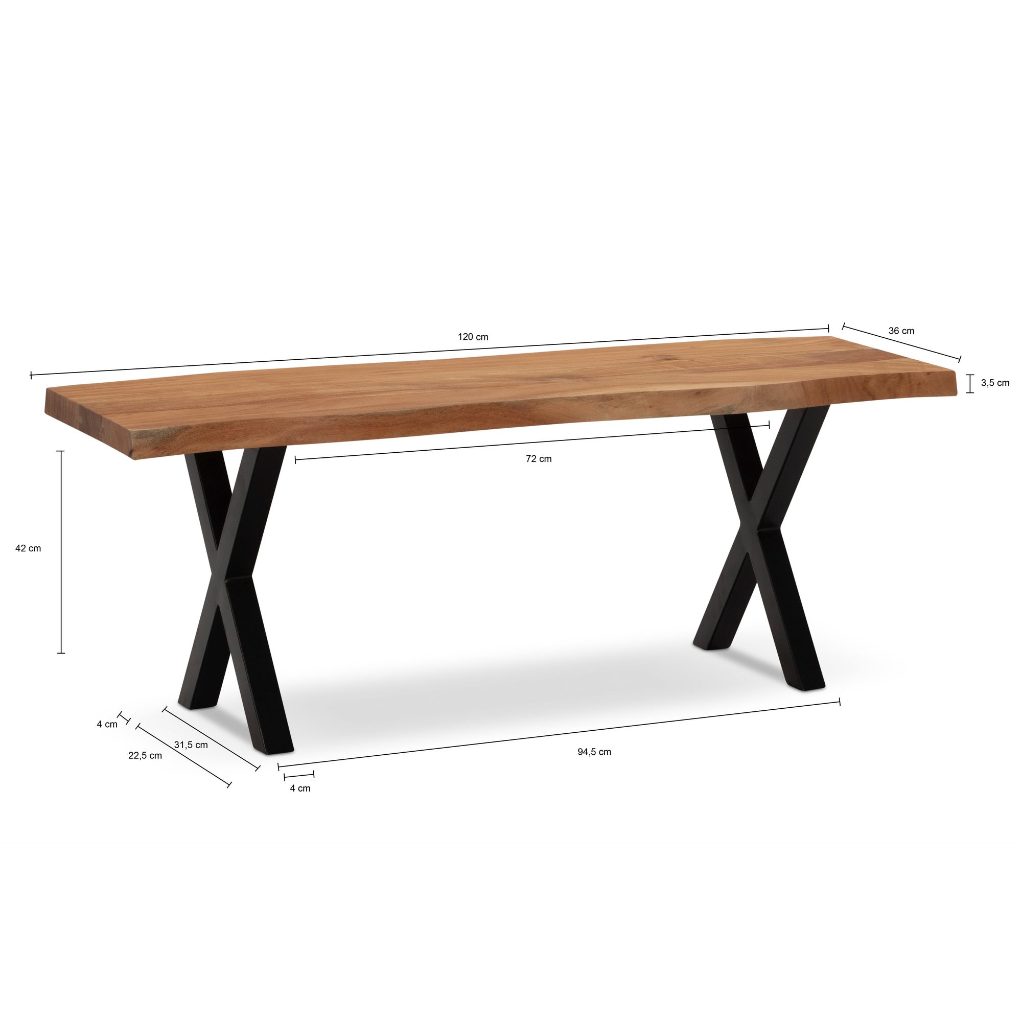 Banco de armario 120x40x45,5 cm madera maciza de acacia / metal con borde de árbol, banco de recibidor banco de madera maciza sin respaldo, banco de recibidor moderno zona de entrada patas en x pequeñas negro