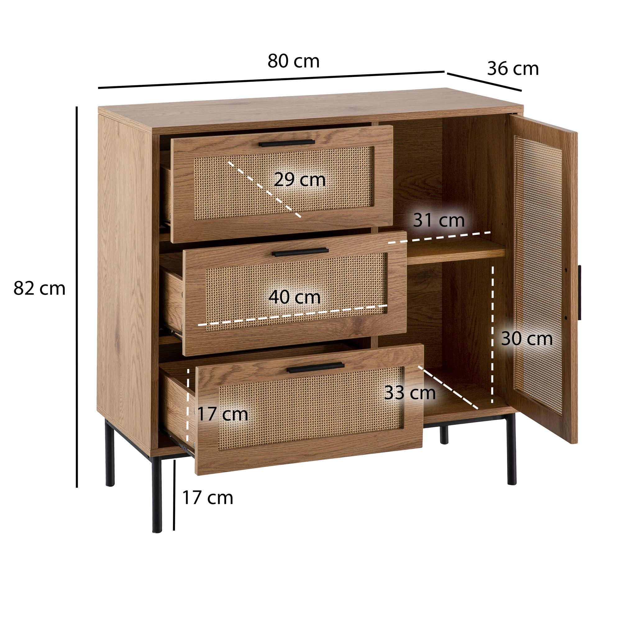 Cómoda 80x82x36 cm cómoda de pasillo decoración de roble y ratán, aparador con tres cajones y puerta, cómoda moderna, armario de pie cómoda