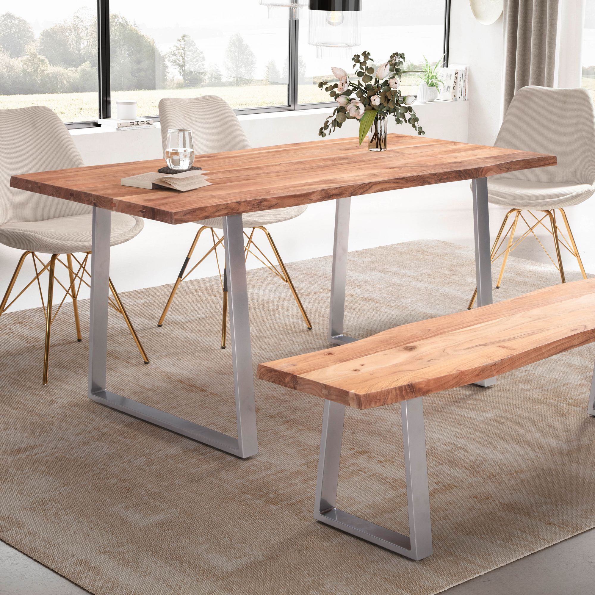 Mesa de comedor 120x60x76 cm mesa de comedor de madera maciza de acacia / metal borde de árbol, mesa de cocina maciza con patas trapezoidales cromadas, mesa de comedor de madera mesa de comedor rectangular