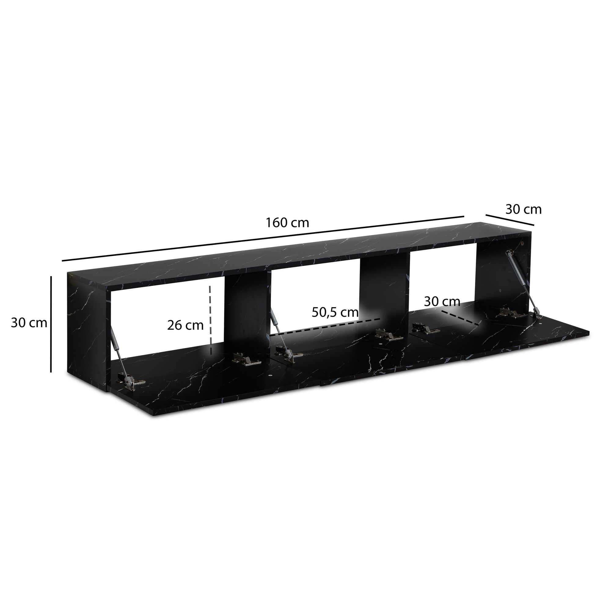 Mueble para tv colgante aspecto de mármol negro 160x30x30 cm, mesa para tv de diseño con puertas plegables moderna, mueble para tv de pared, cómoda para tv cómoda para tv para colgar