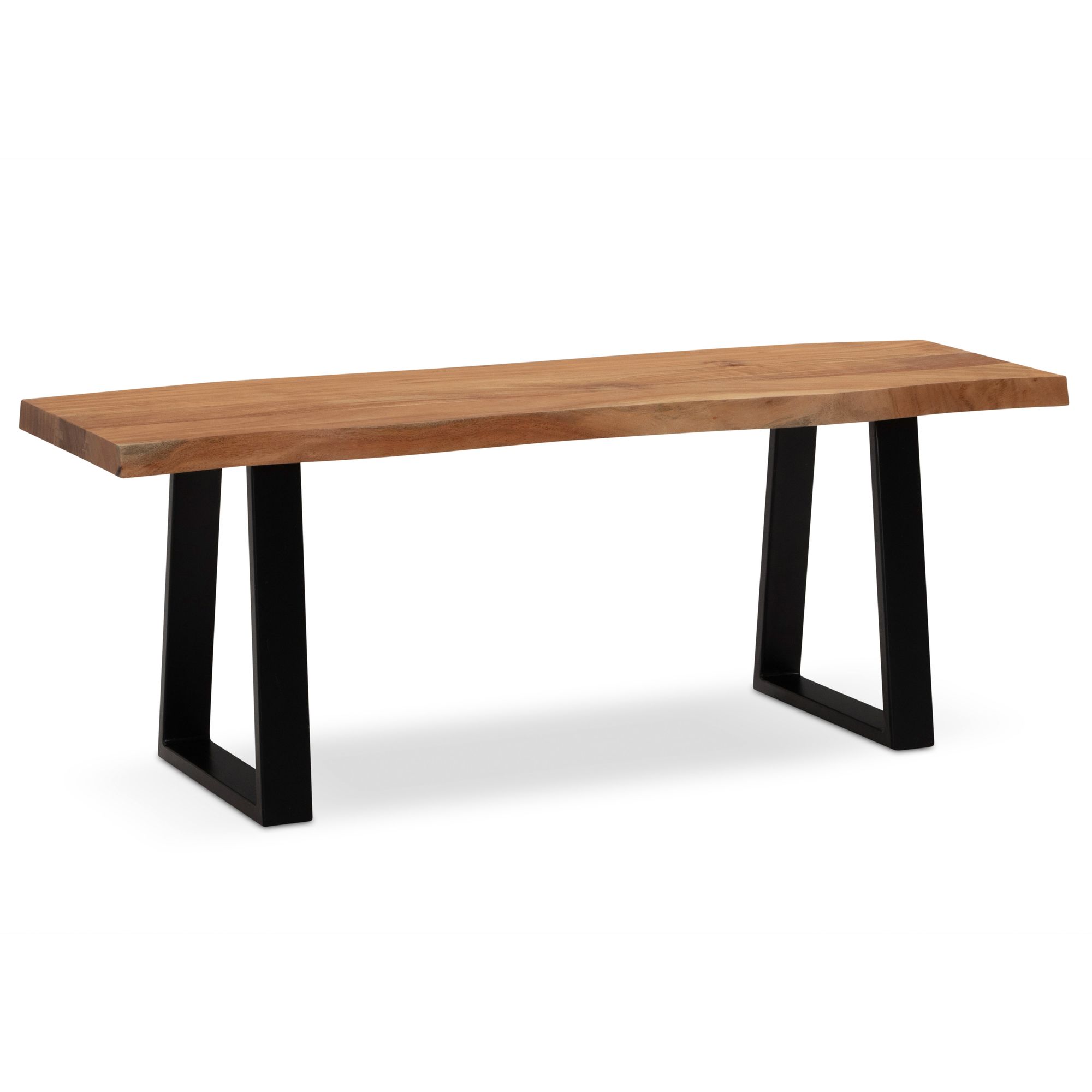 Banco de armario 120x40x45,5 cm madera maciza de acacia / metal con borde de árbol, banco de recibidor banco de madera maciza sin respaldo, banco de recibidor moderno zona de entrada pequeñas patas trapezoidales negro