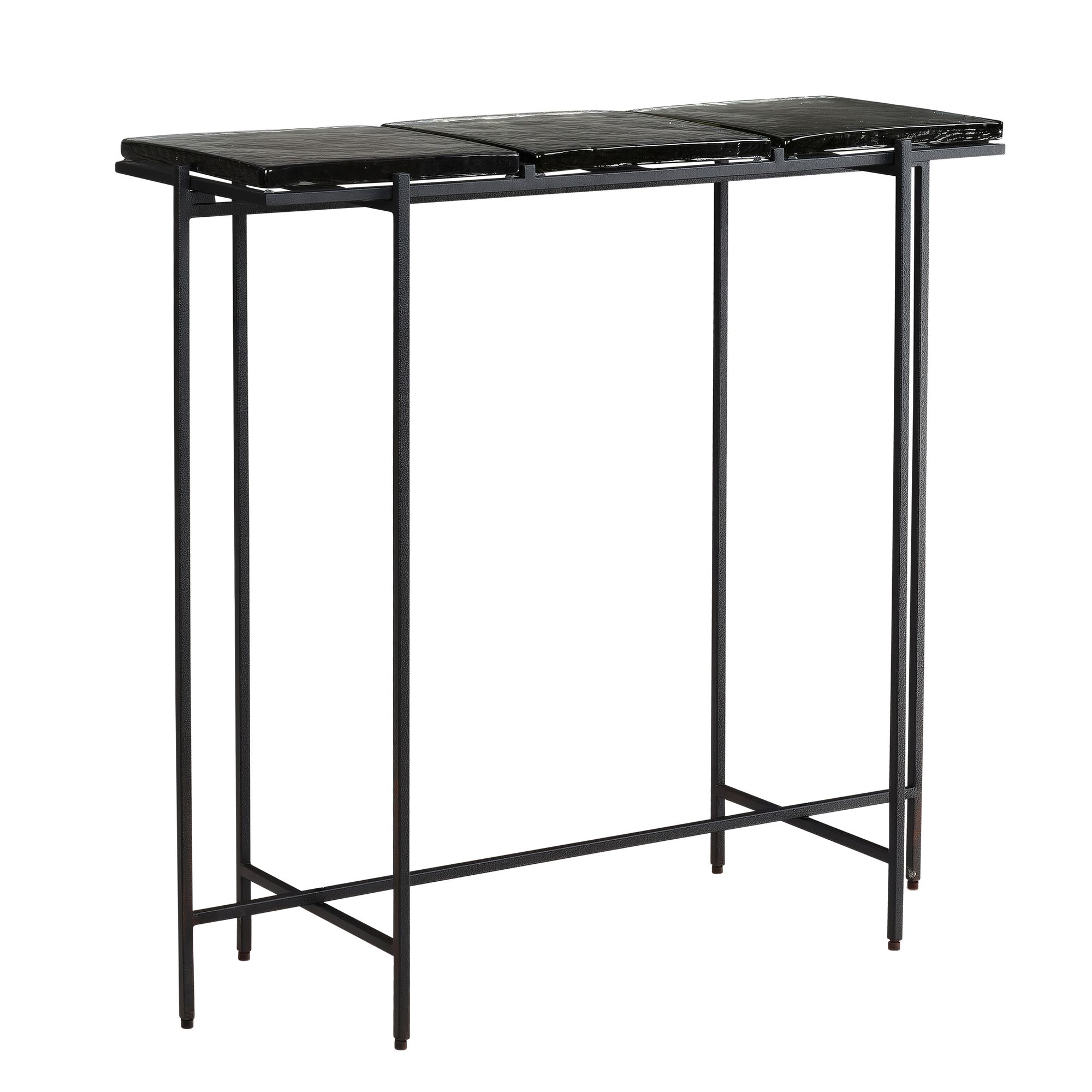 Mesa consola negra 90x29x85 cm aparador de diseño pasillo de vidrio, mesa de almacenamiento con estructura de metal estrecha moderna, mesa de pasillo con tableros extraíbles, mesa de recibidor larga y alta