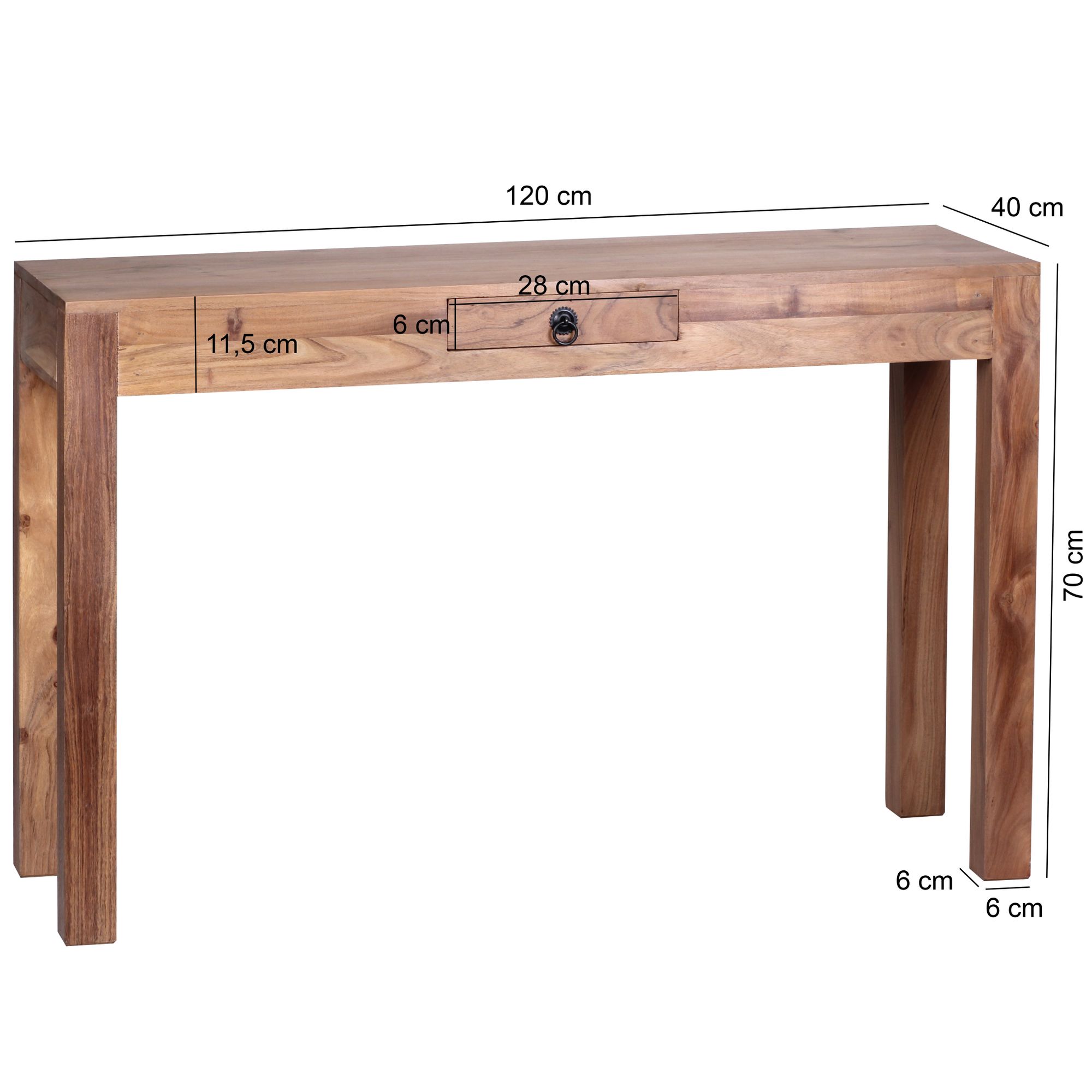 Tabla de consola consola de acacia de madera maciza con escritorio 1 cajón 120 x 40 cm aparador de estilo rural