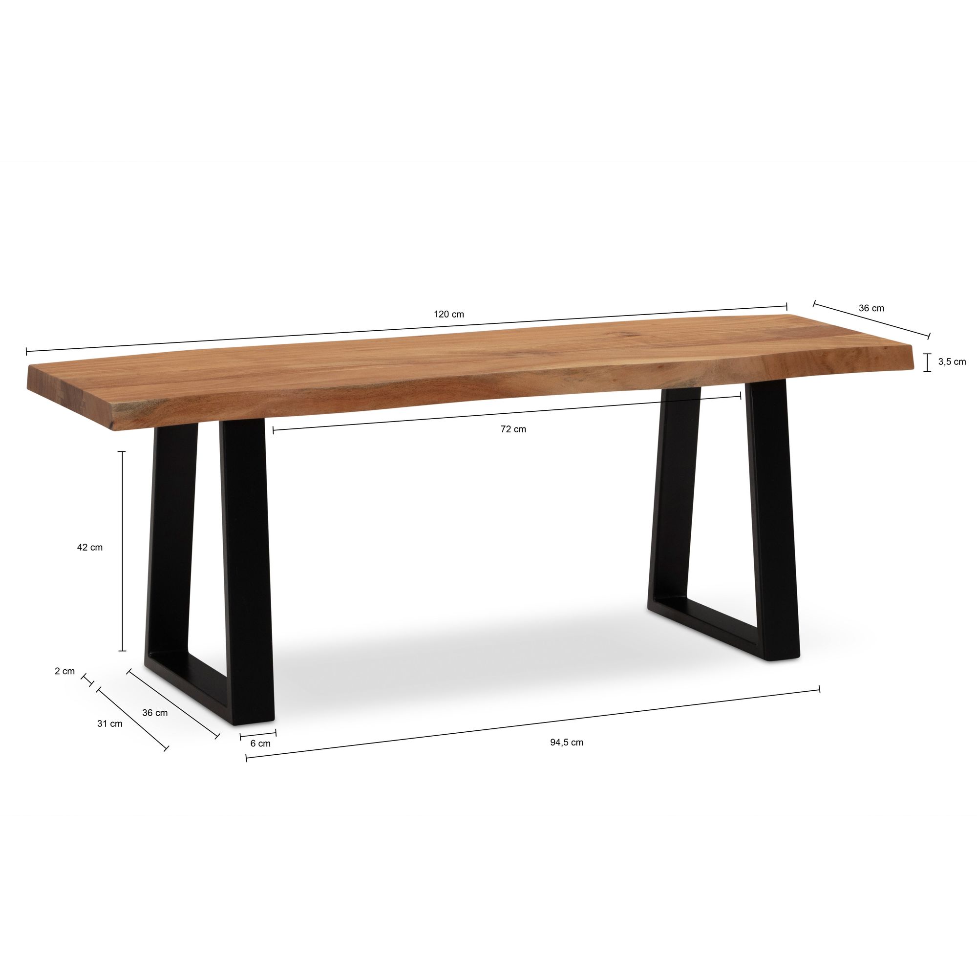 Banco de armario 120x40x45,5 cm madera maciza de acacia / metal con borde de árbol, banco de recibidor banco de madera maciza sin respaldo, banco de recibidor moderno zona de entrada pequeñas patas trapezoidales negro