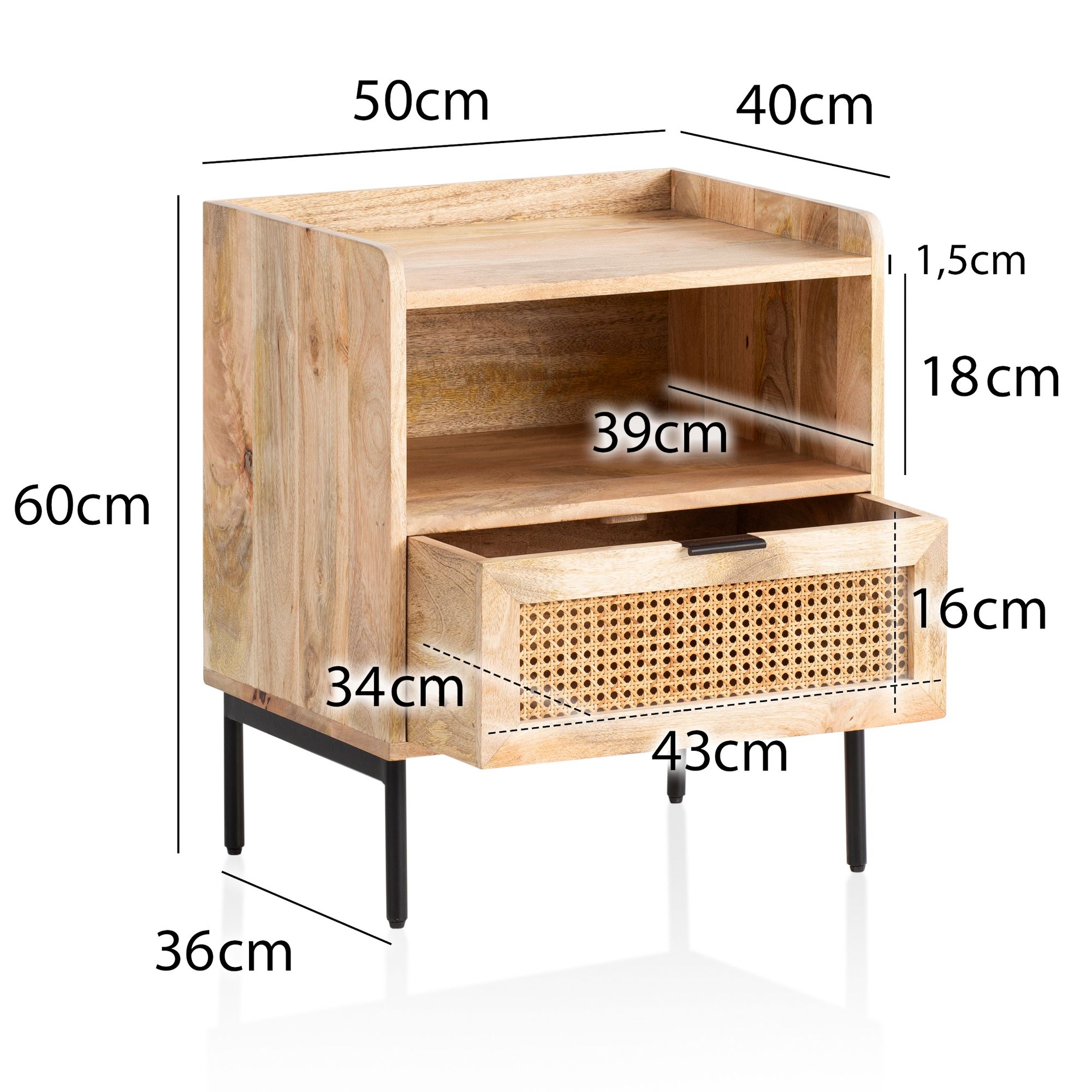 Mesita de noche 50x60x40 cm marrón madera maciza de mango y ratán