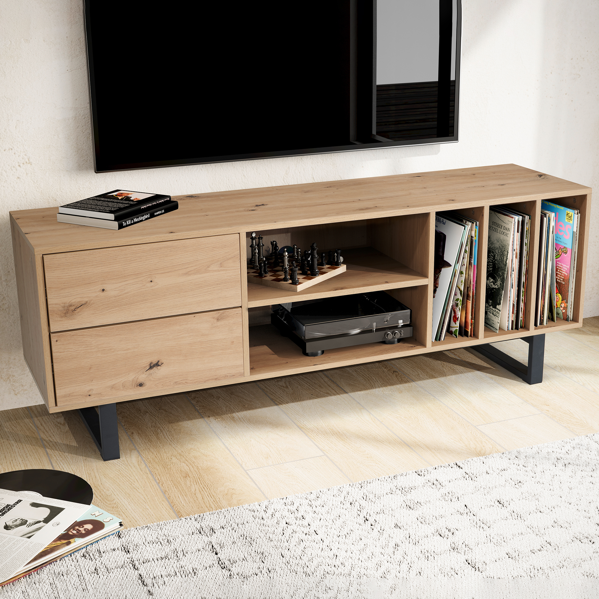 Mueble bajo para tv de roble decorativo 150x55x40 cm, mueble para tv moderno, mueble para tv de diseño alto, mesa para tv, mueble para tv con cajones y estante, mueble para tv para salón