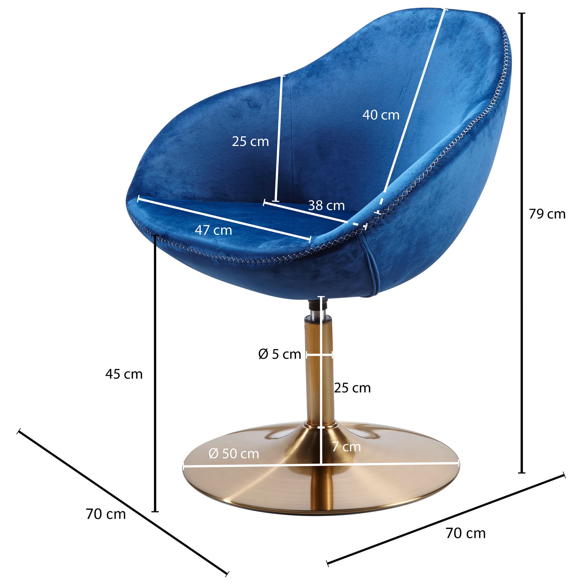 Sillón giratorio sarin de terciopelo azul / dorado, diseño 70x79x70 cm