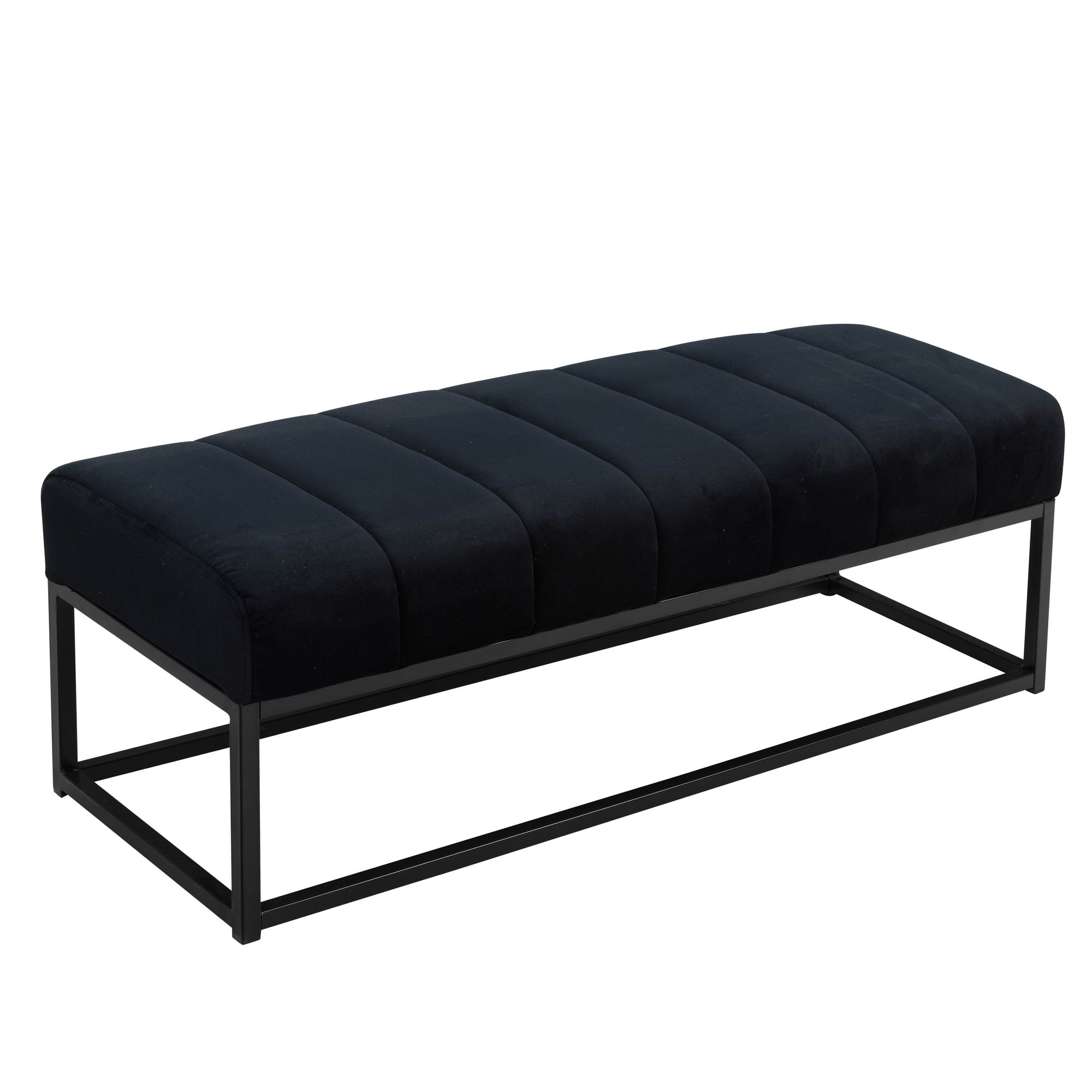 Banco de terciopelo de pasillo negro tapizado con estructura de metal 108x40x40 cm, banco para dormitorio acolchado de armario moderno