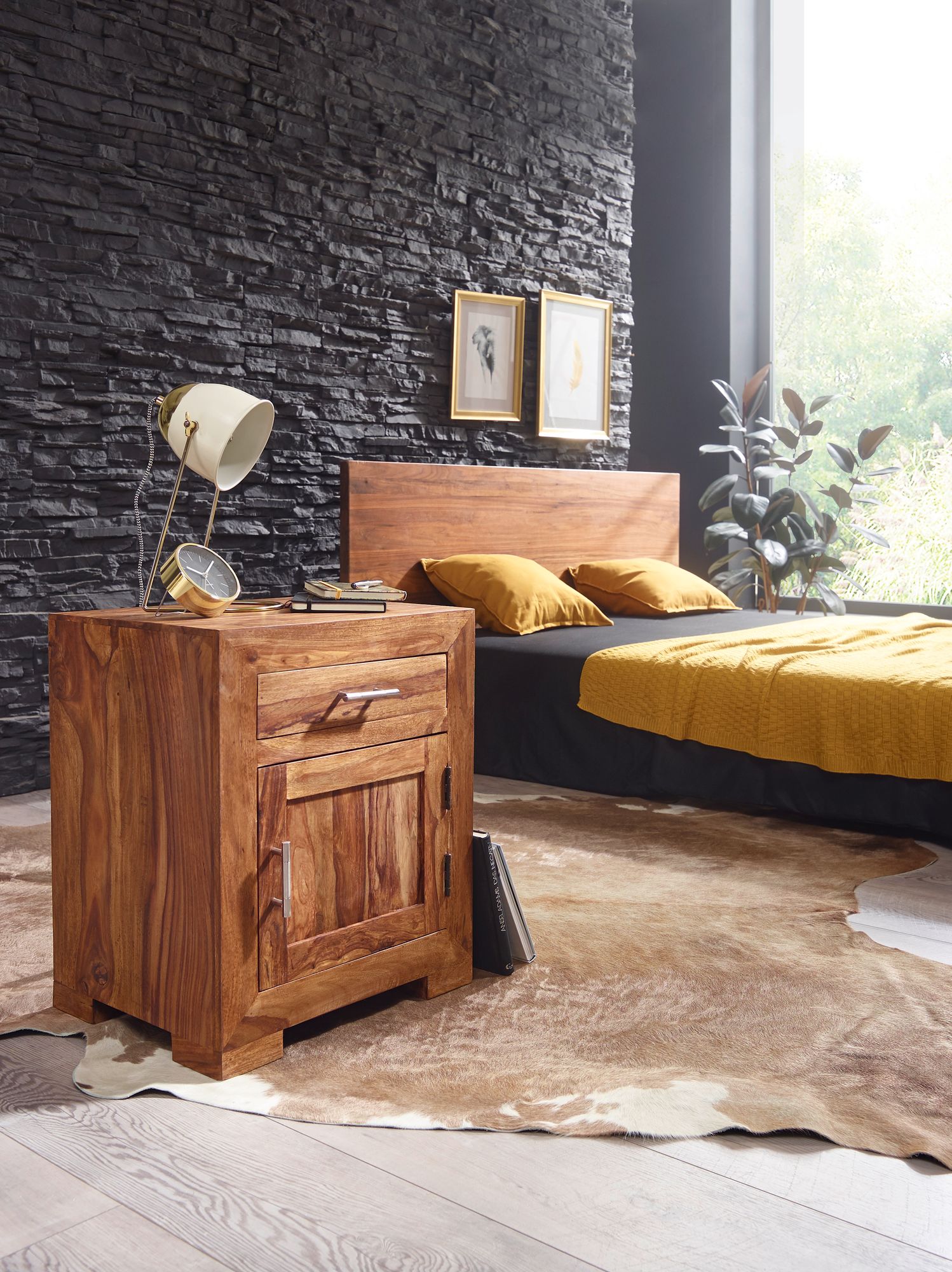 Mesita de noche mumbai madera maciza sheesham diseño mesita de noche 60 cm con cajón y puerta mesita de noche para cama con somier