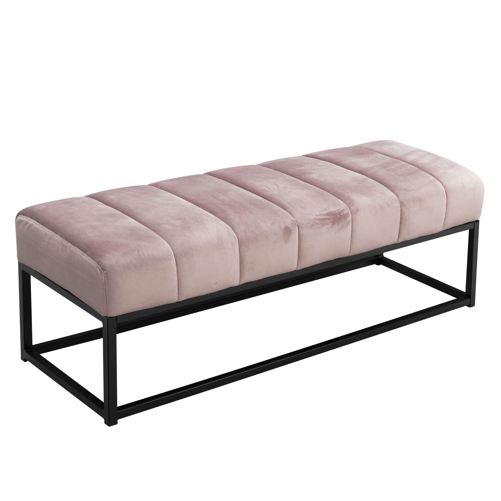 Banco de terciopelo de pasillo rosa tapizado con estructura de metal 108x40x40 cm, banco para dormitorio acolchado de armario moderno