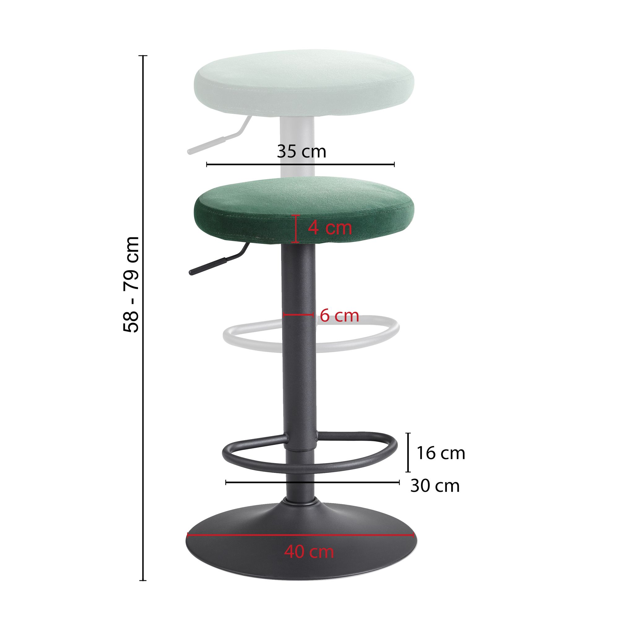 Taburete de bar de terciopelo verde sin respaldo 58 - 79 cm