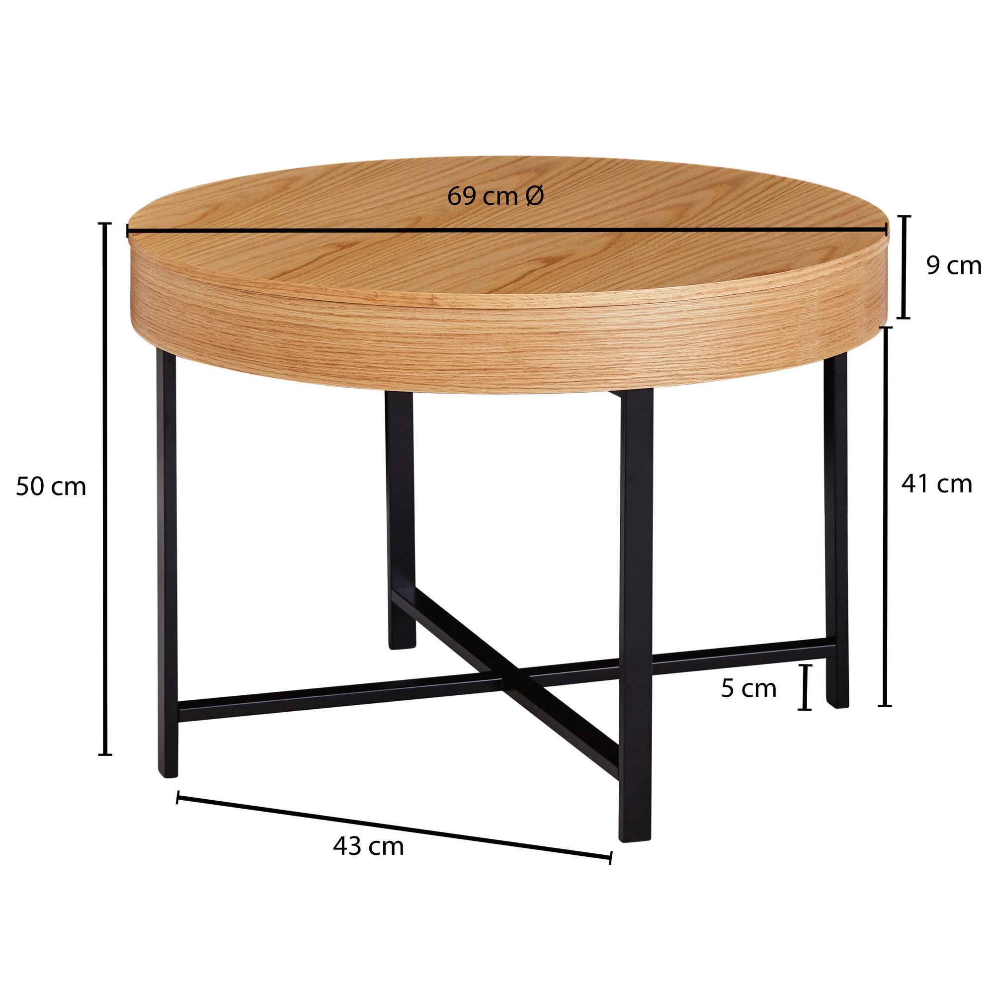 Diseño  redonda ø 69 cm con mesa de aspecto roble con espacio de almacenamiento mesa de salón con patas de metal mesa auxiliar de mdf