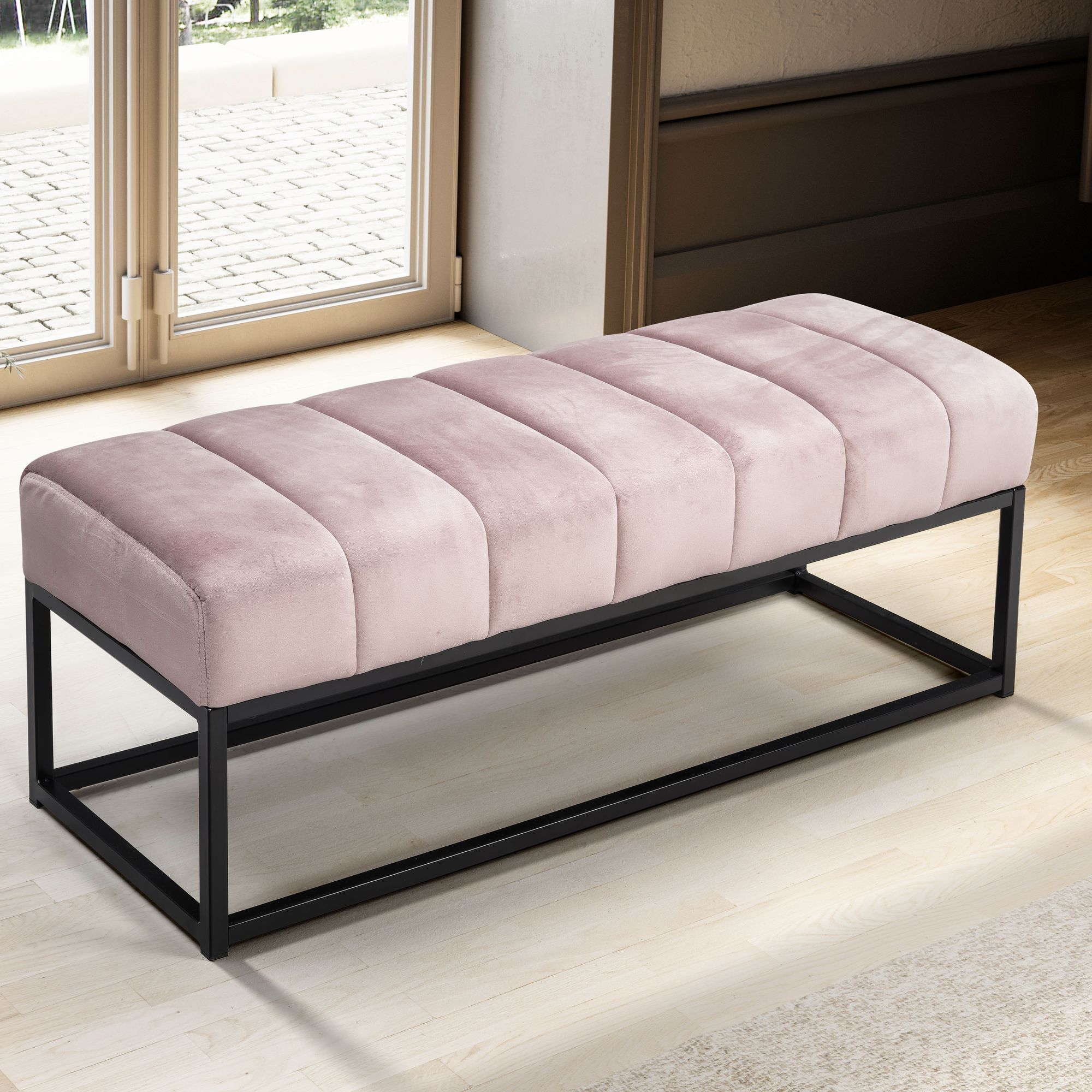 Banco de terciopelo de pasillo rosa tapizado con estructura de metal 108x40x40 cm, banco para dormitorio acolchado de armario moderno