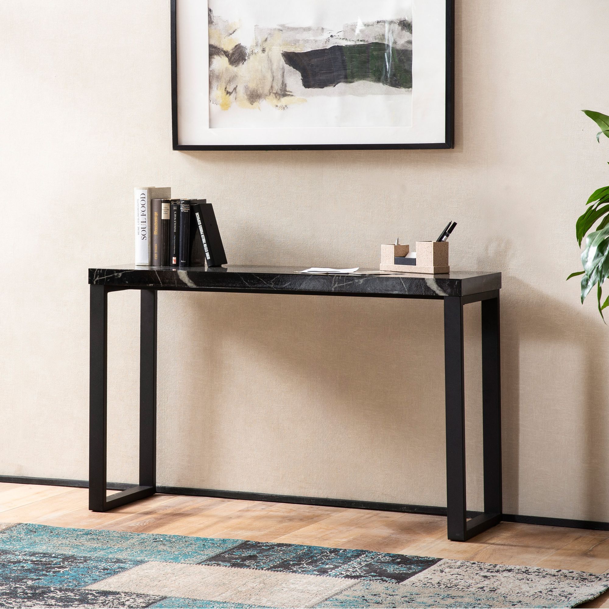 Mesa consola aspecto mármol brillante negro con patas de metal 120x40x76 cm, mesa de almacenaje estrecha, escritorio moderno gris, mesa de entrada rectangular