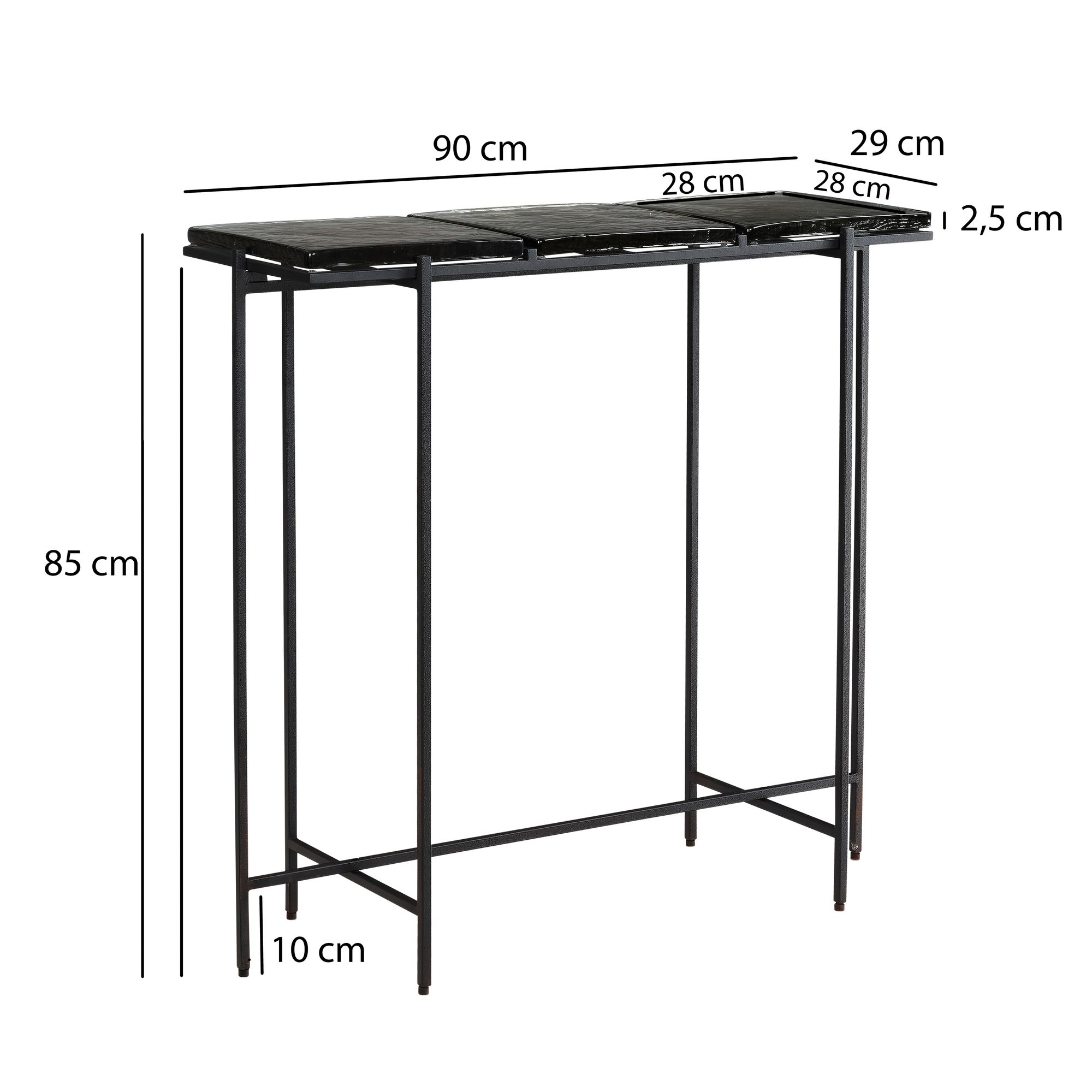 Mesa consola negra 90x29x85 cm aparador de diseño pasillo de vidrio, mesa de almacenamiento con estructura de metal estrecha moderna, mesa de pasillo con tableros extraíbles, mesa de recibidor larga y alta