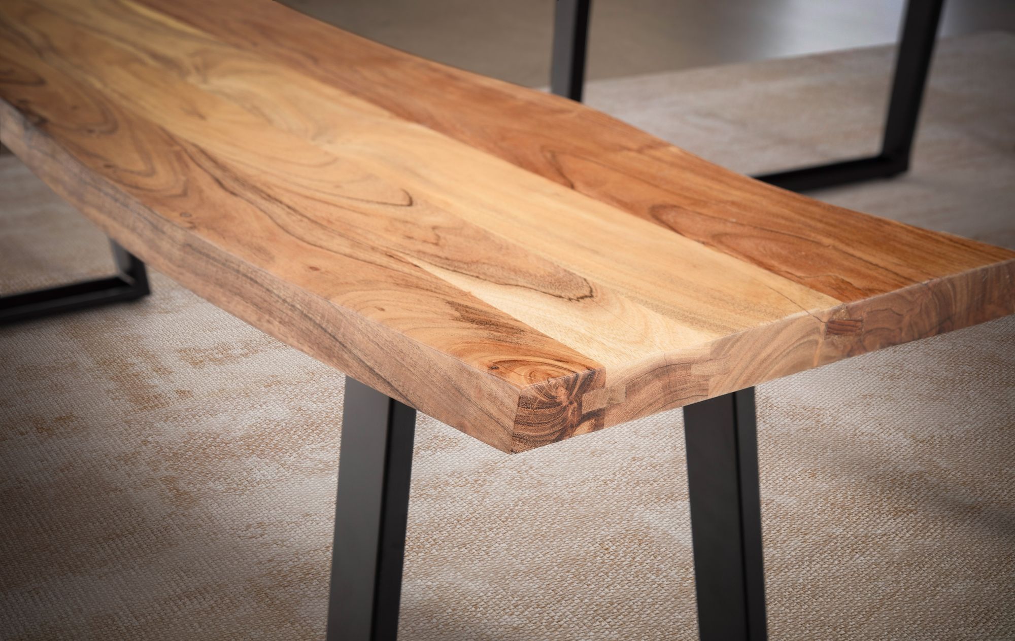 Banco de comedor 180x40x45,5 cm madera maciza de acacia / metal con borde de árbol, banco de mesa de comedor banco de madera maciza sin respaldo, banco de cocina banco de comedor moderno, banco de comedor grande