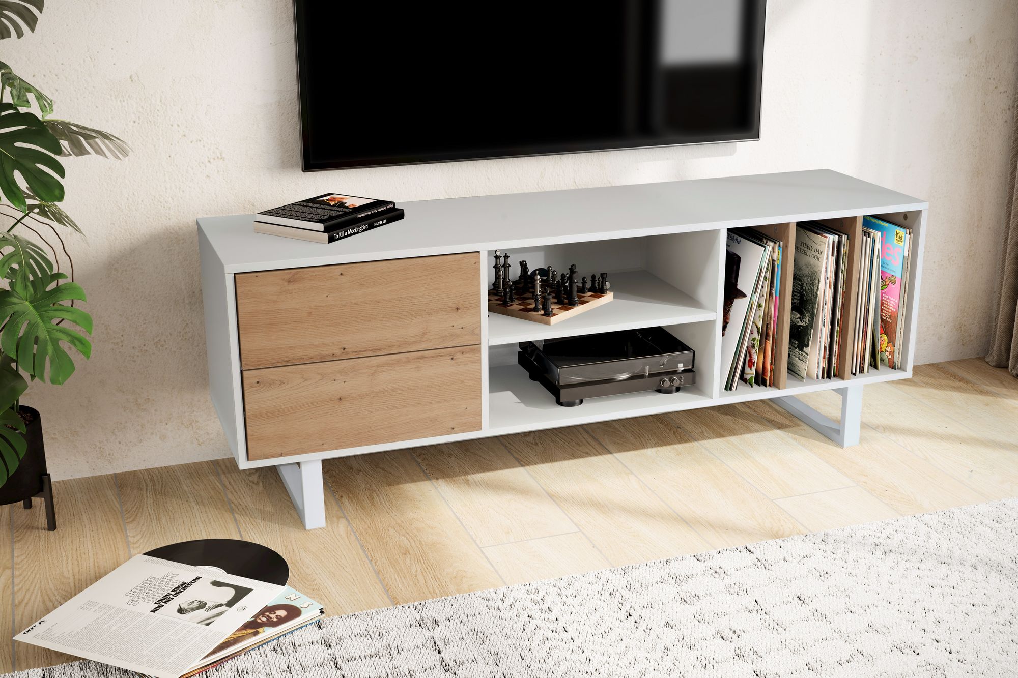 Mueble para tv blanco con decoración de roble 150x55x40 cm mueble para tv moderno, mueble para tv de diseño alto, mesa para tv mueble para tv con cajones y estante, mueble para tv para sala de estar