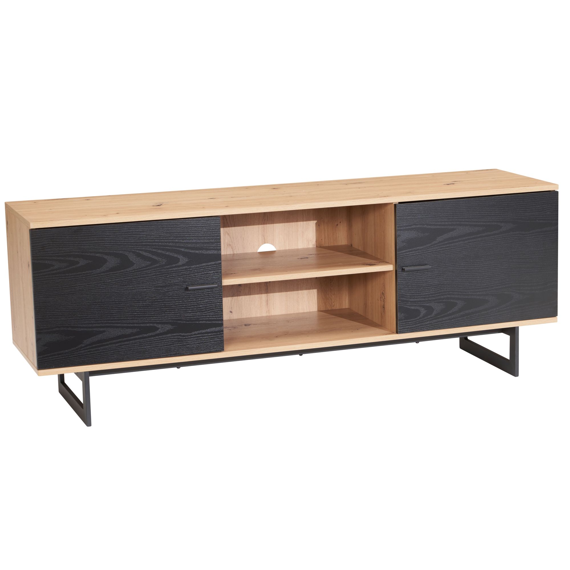 Mueble bajo para tv de roble decorativo negro 150x55x40 cm, mueble para tv moderno, mueble para tv de diseño alto, mesa para tv, mueble para tv con dos puertas, mueble para tv para salón