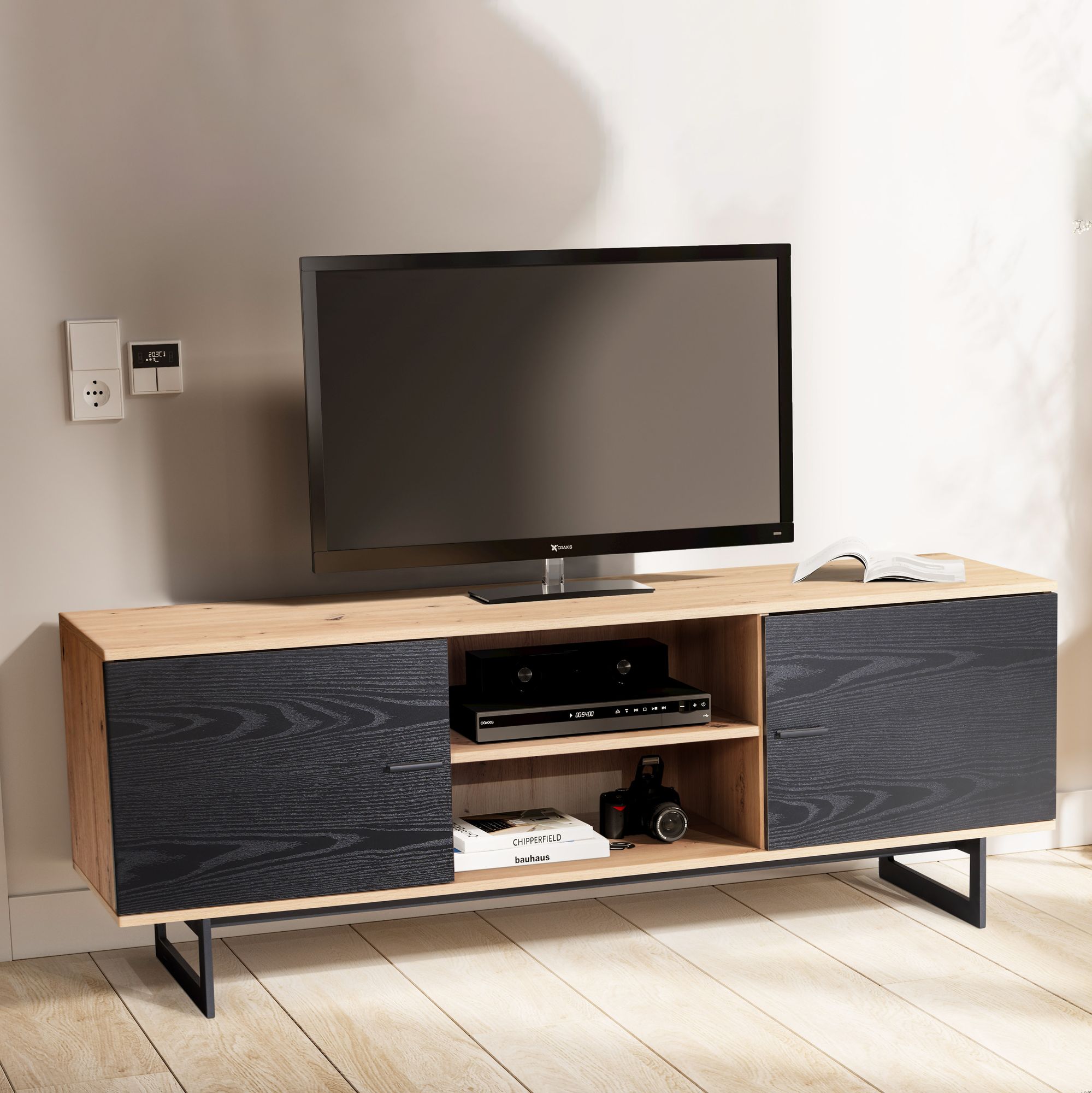 Mueble bajo para tv de roble decorativo negro 150x55x40 cm, mueble para tv moderno, mueble para tv de diseño alto, mesa para tv, mueble para tv con dos puertas, mueble para tv para salón