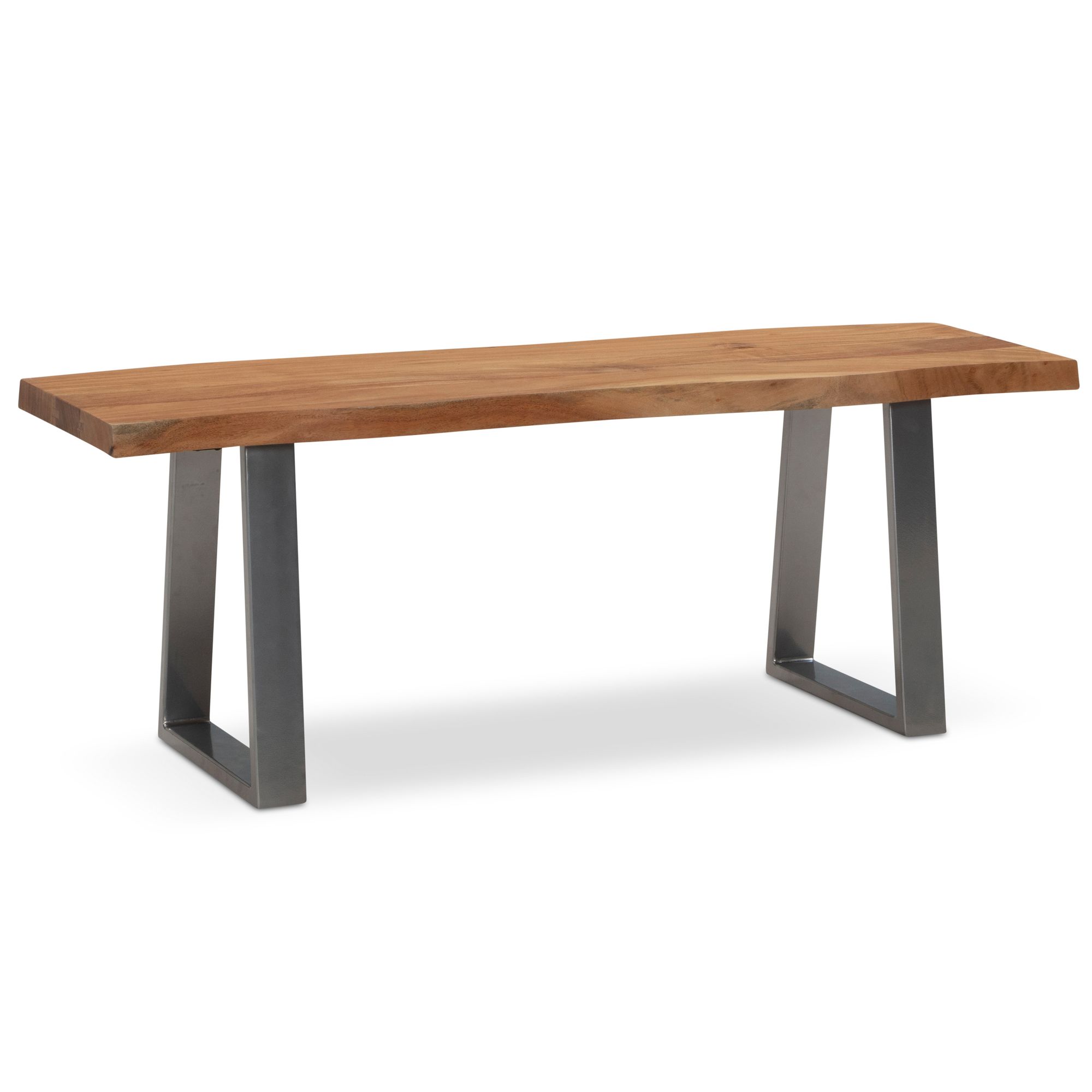 Banco de armario 120x40x45,5 cm madera maciza de acacia / metal con borde de árbol, banco de recibidor banco de madera maciza sin respaldo, banco de recibidor moderno zona de entrada pequeñas patas trapezoidales cromadas