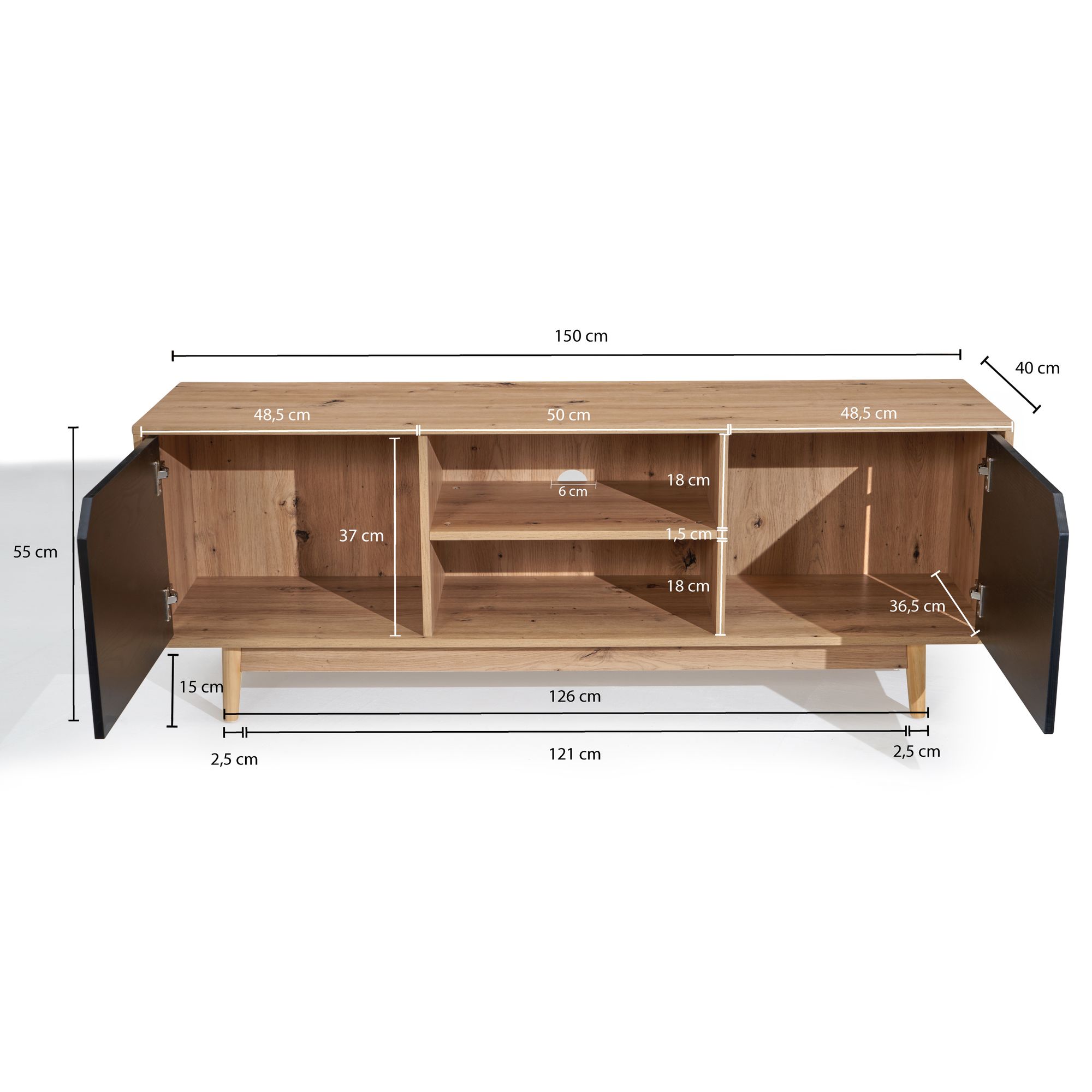 Mueble bajo para tv de roble decorativo negro 150x55x40 cm, mueble para tv moderno, mueble para tv de diseño alto, mesa para tv, mueble para tv con dos puertas, mueble para tv para salón